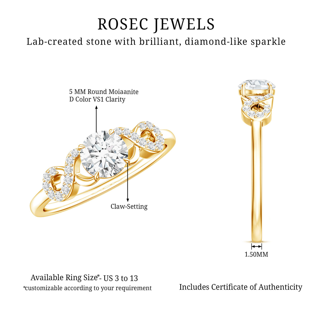 Certified Round Moissanite Infinity Promise Ring for Her D-VS1 - Rosec Jewels