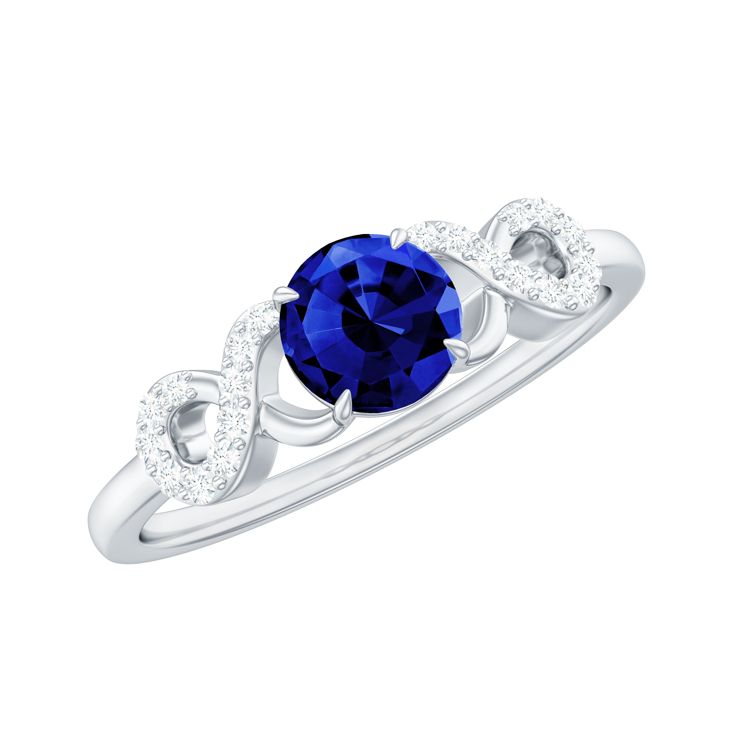 Round Created Blue Sapphire Infinity Engagement Ring with Diamond