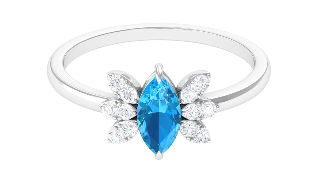 Rosec Jewels - 1 CT Marquise Cut Swiss Blue Topaz Promise Ring with Moissanite
