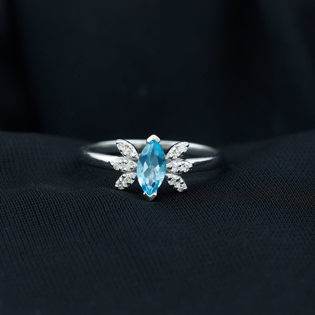 Rosec Jewels - 1 CT Marquise Cut Swiss Blue Topaz Promise Ring with Moissanite