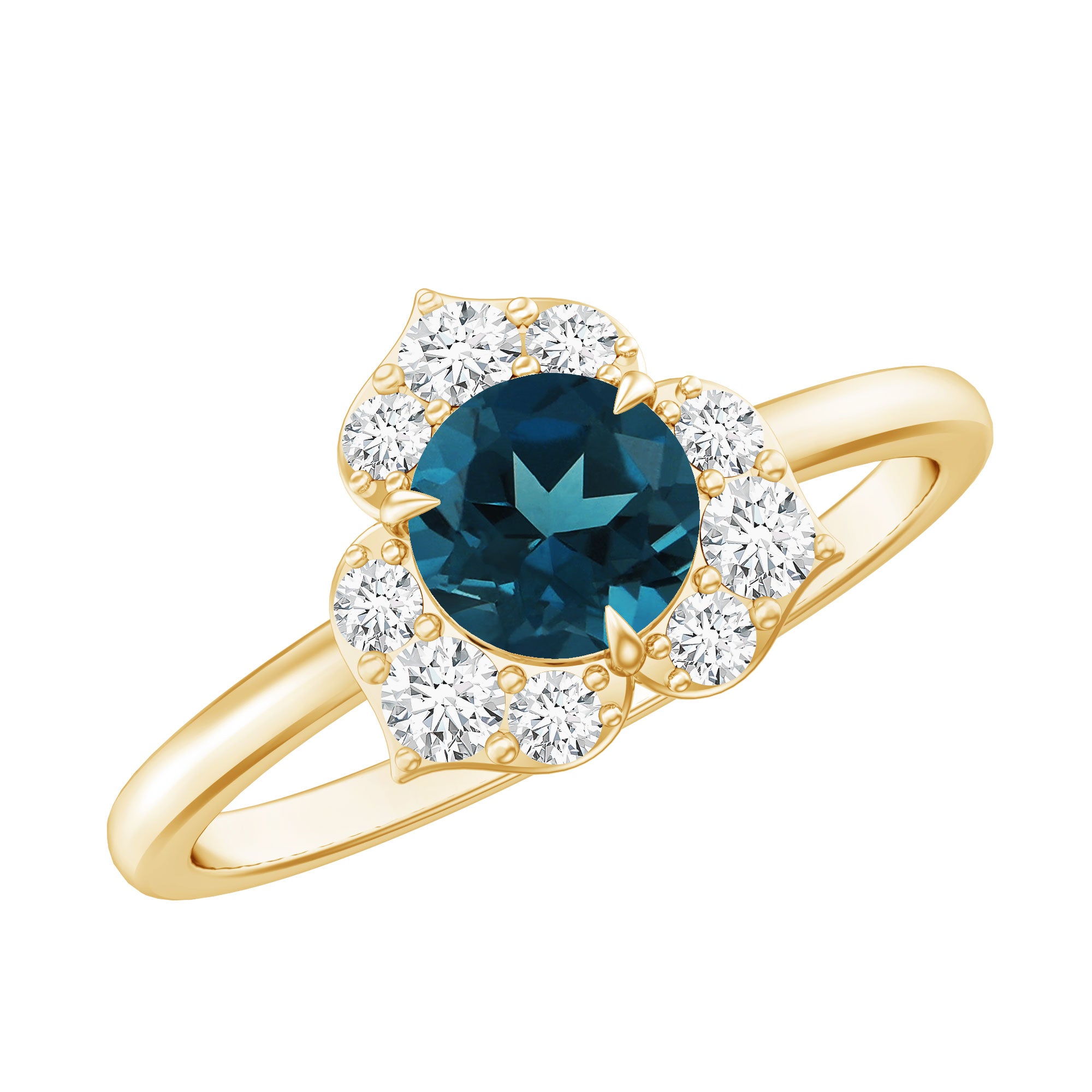 Round London Blue Topaz Floral Engagement Ring with Diamond AAA - Rosec Jewels