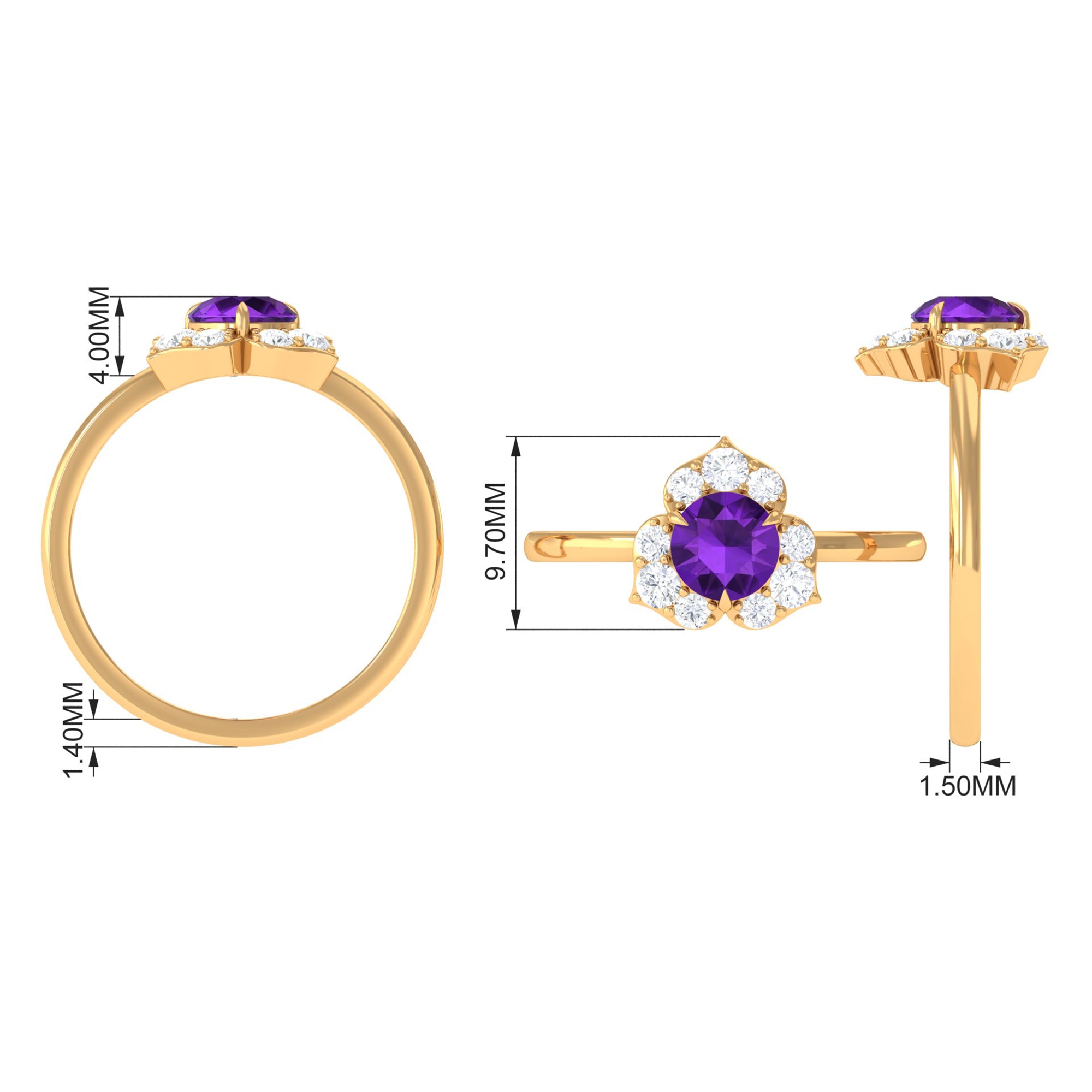 Real Amethyst Flower Engagement Ring with Diamond AAA - Rosec Jewels