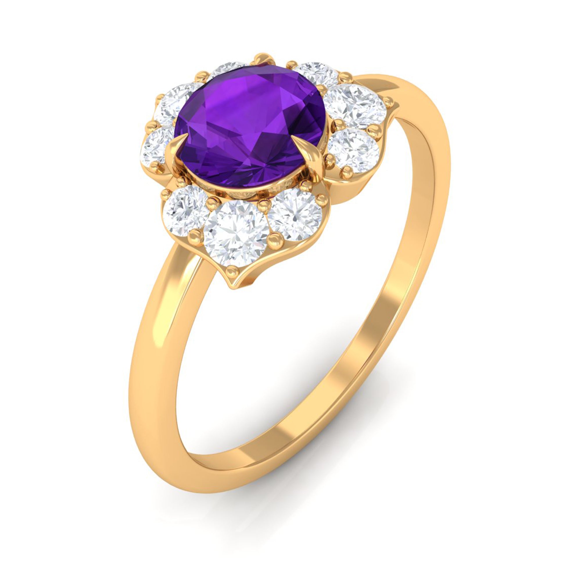 Real Amethyst Flower Engagement Ring with Diamond AAA - Rosec Jewels