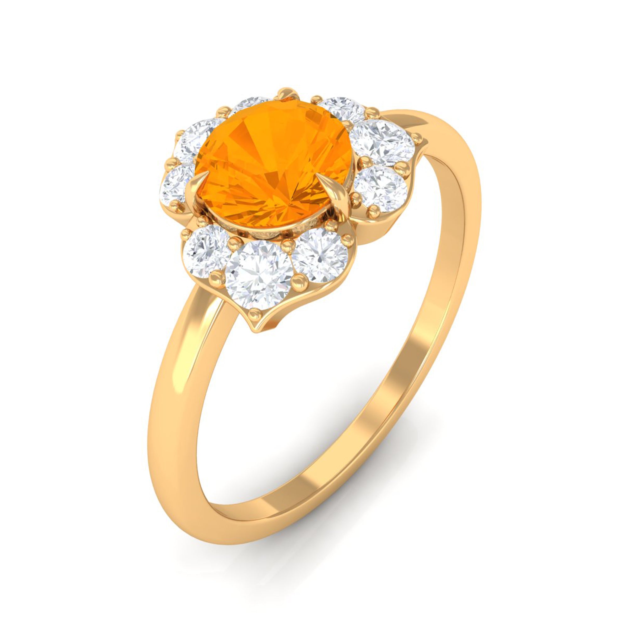 Rosec Jewels-Round Fire Opal Flower Engagement Ring with Diamond