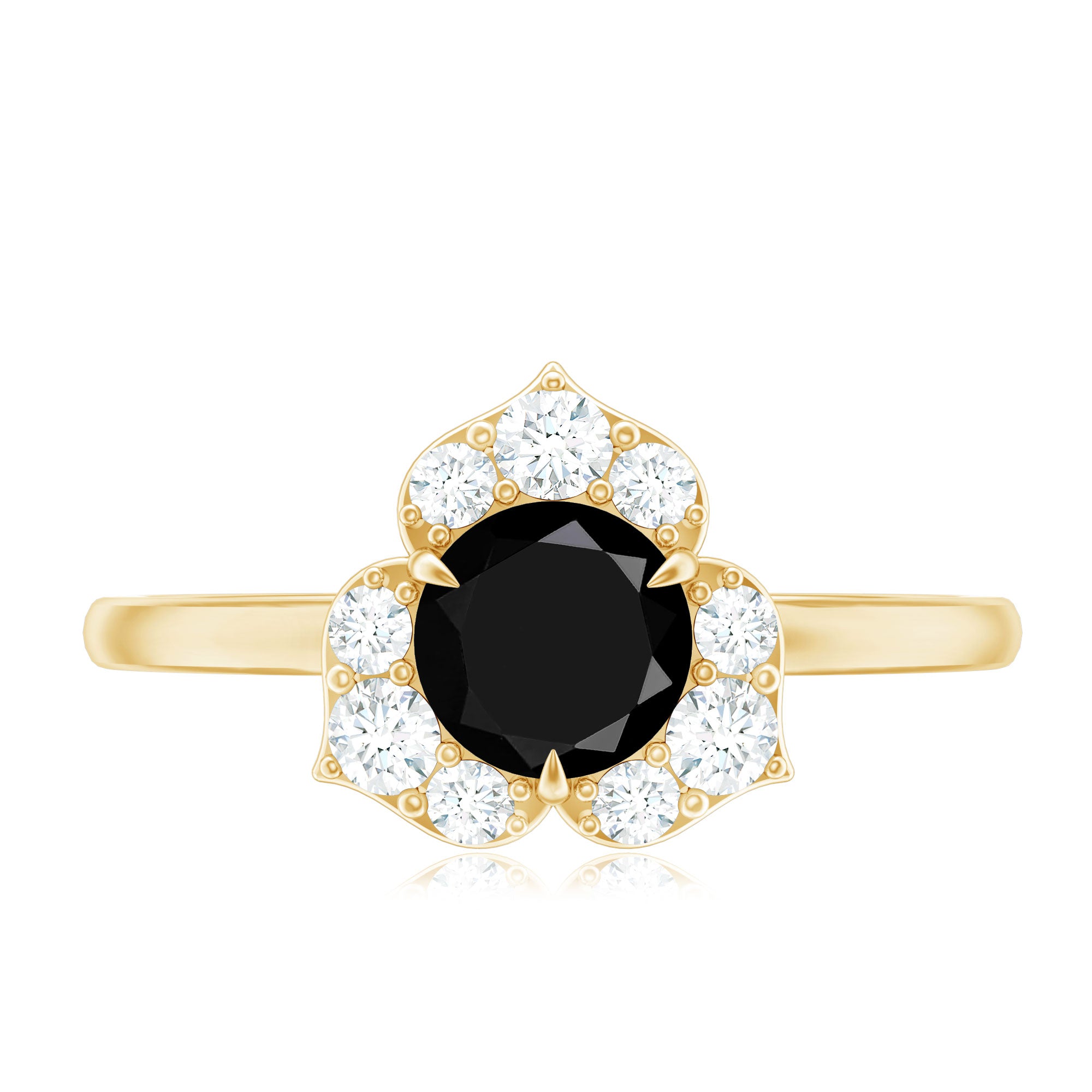 Natural Black Spinel Flower Engagement Ring with Diamond AAA - Rosec Jewels