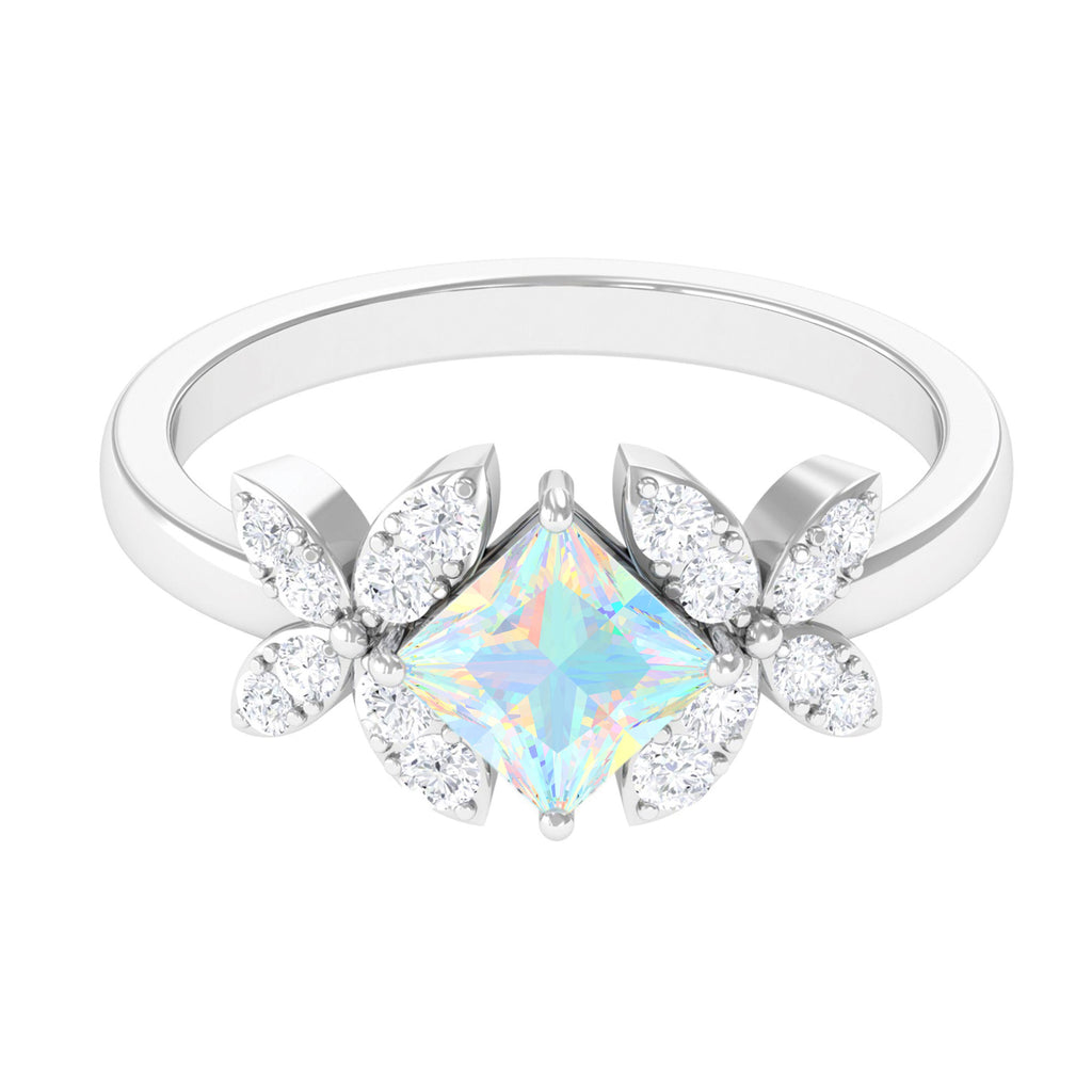 Princess Cut Ethiopian Opal Flower Engagement Ring with Diamond - Rosec Jewels