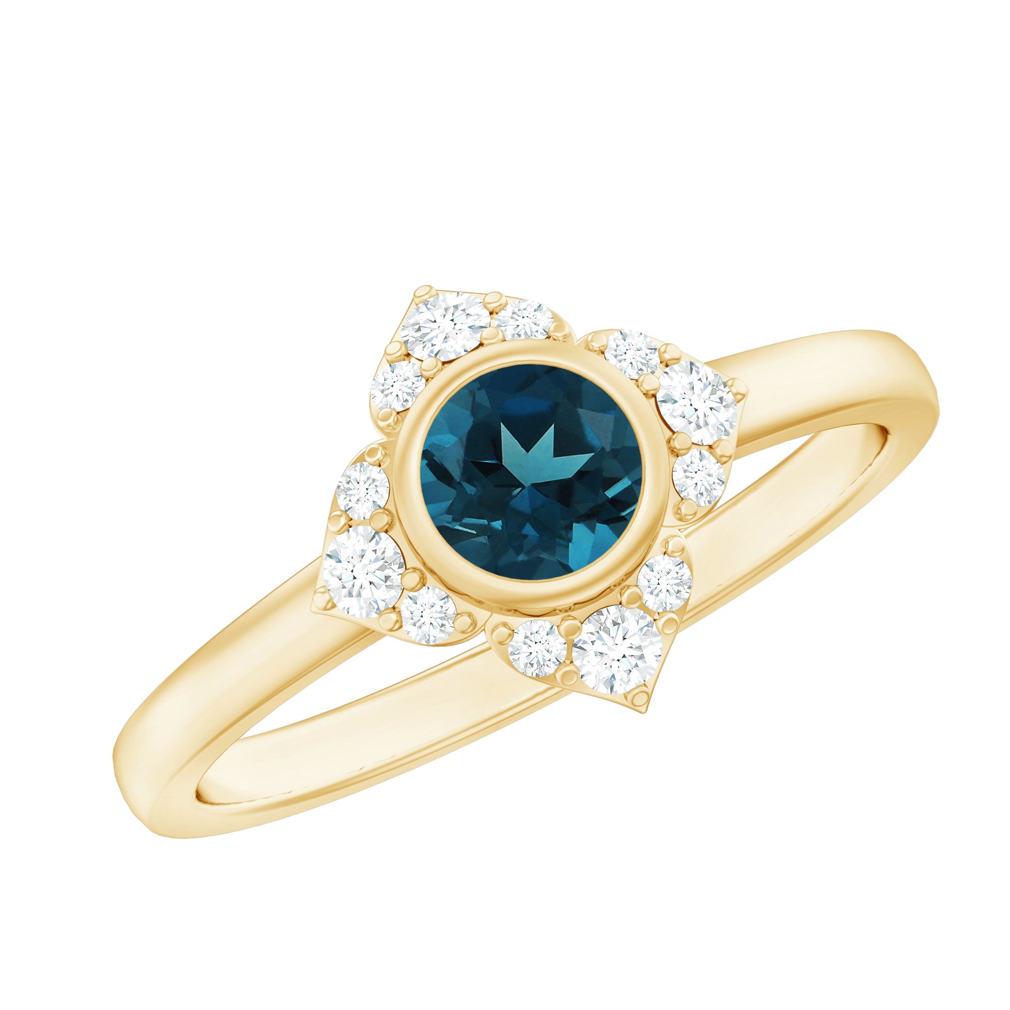 Rosec Jewels-London Blue Topaz Bezel Engagement Ring with Diamond Halo