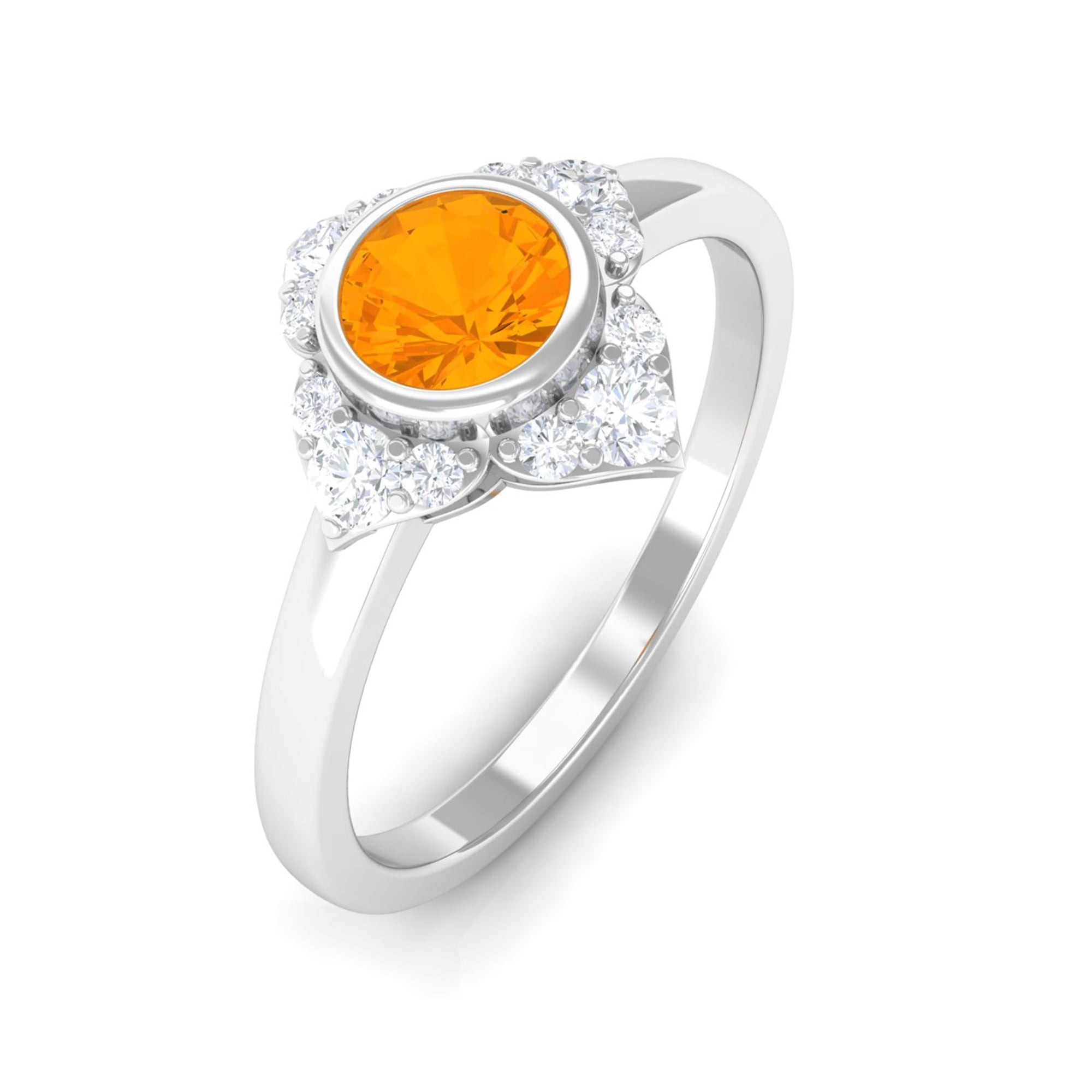 Bezel Set Orange Fire Opal Flower Engagement Ring with Diamond AAA - Rosec Jewels