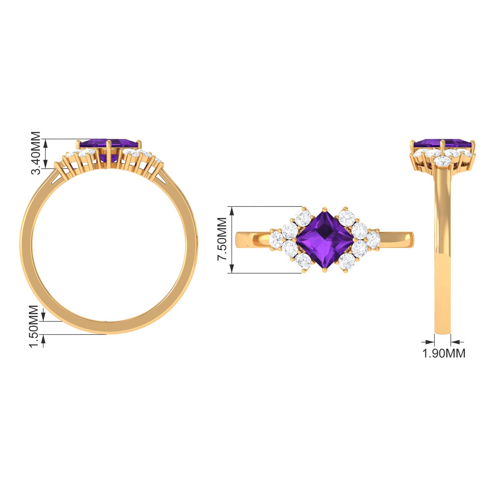 Rosec Jewels-Natural 1.2 Carat Amethyst Princess Cut Engagement Ring with Diamond