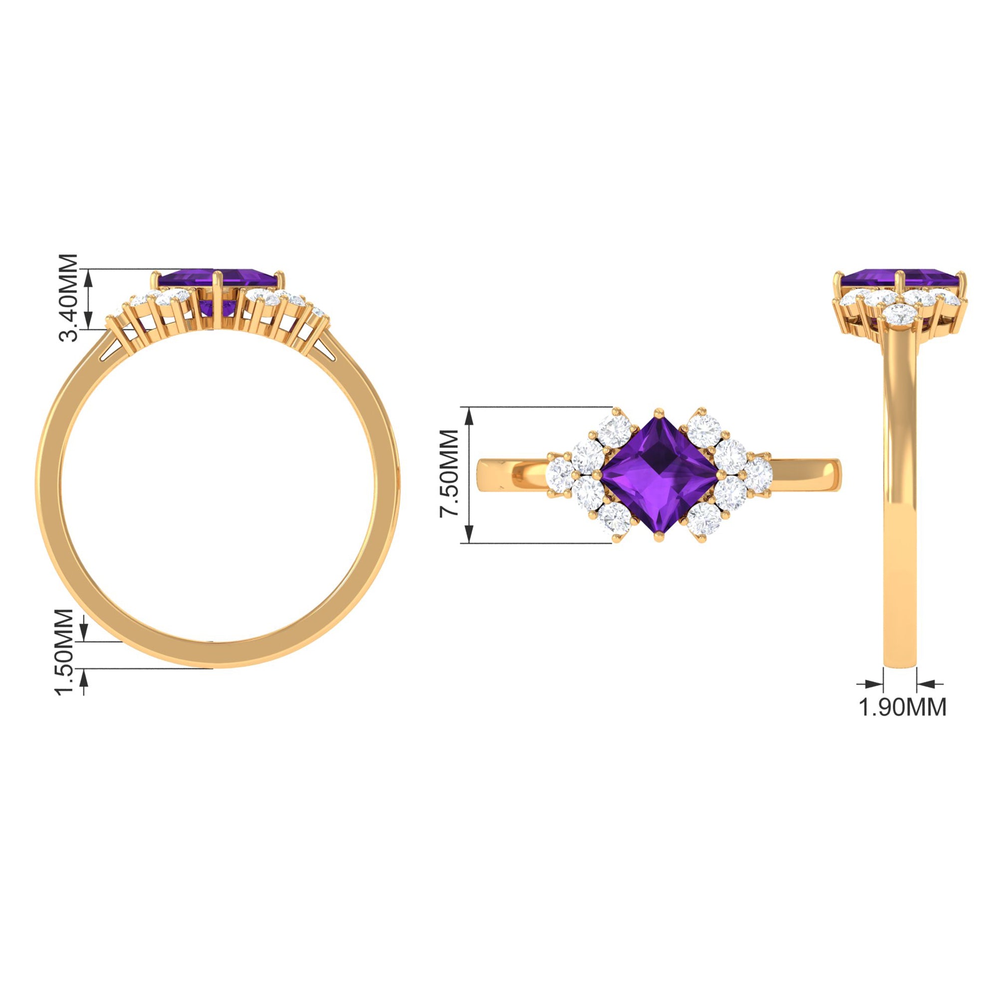 Rosec Jewels-Natural 1.2 Carat Amethyst Princess Cut Engagement Ring with Diamond
