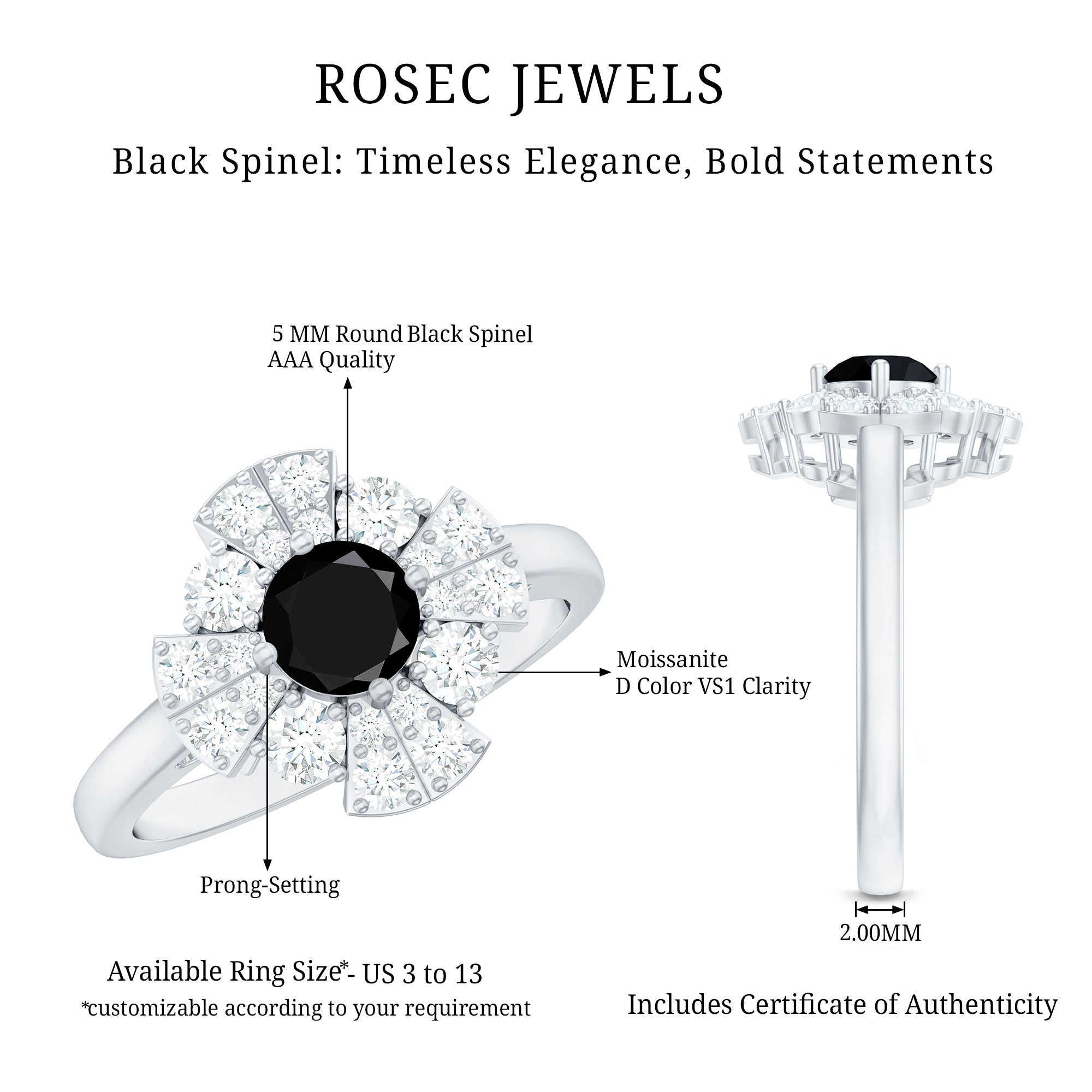 Rosec Jewels-Natural Black Spinel Flower Engagement Ring with Moissanite