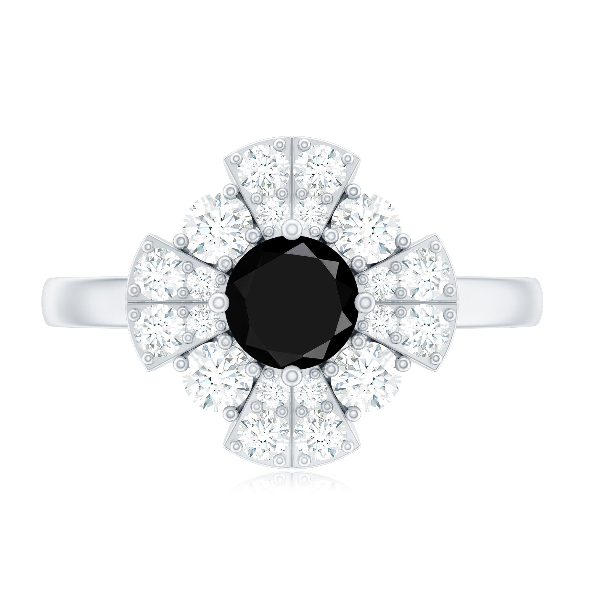 Rosec Jewels-Natural Black Spinel Flower Engagement Ring with Moissanite