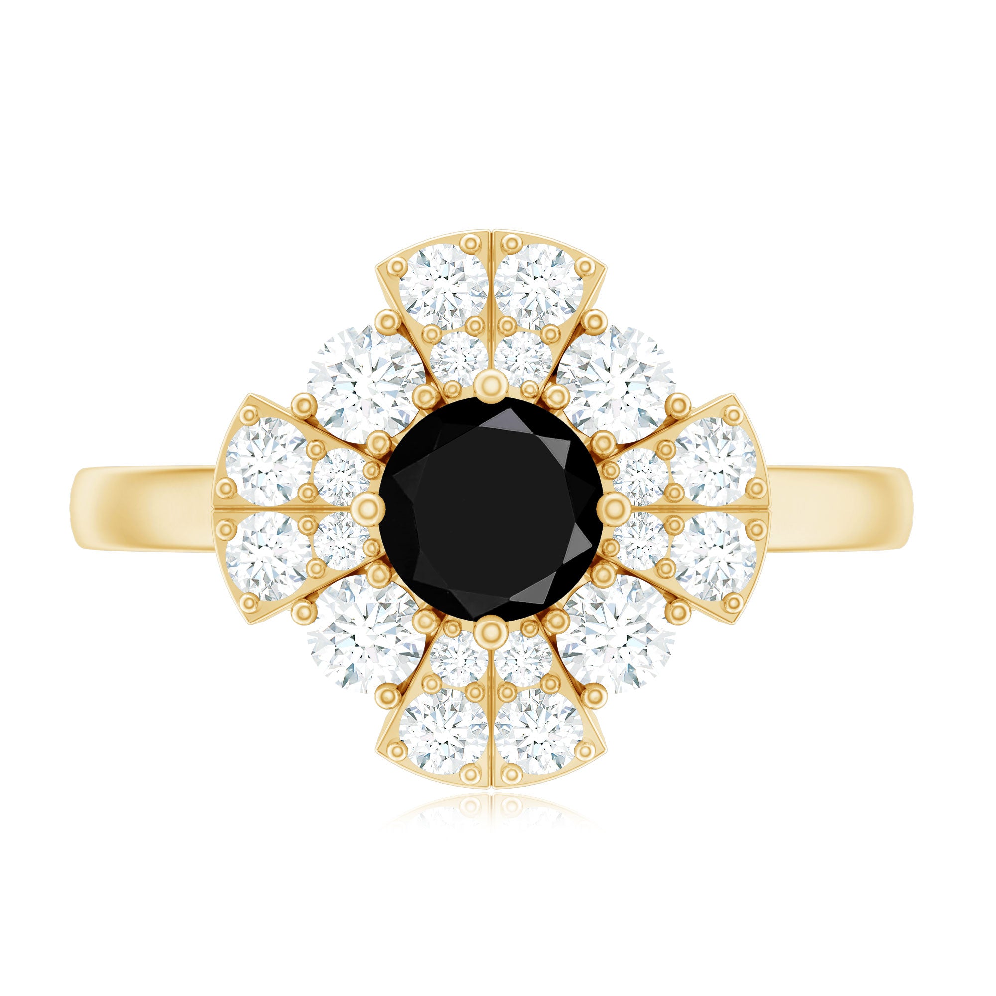 Rosec Jewels-Natural Black Spinel Flower Engagement Ring with Moissanite