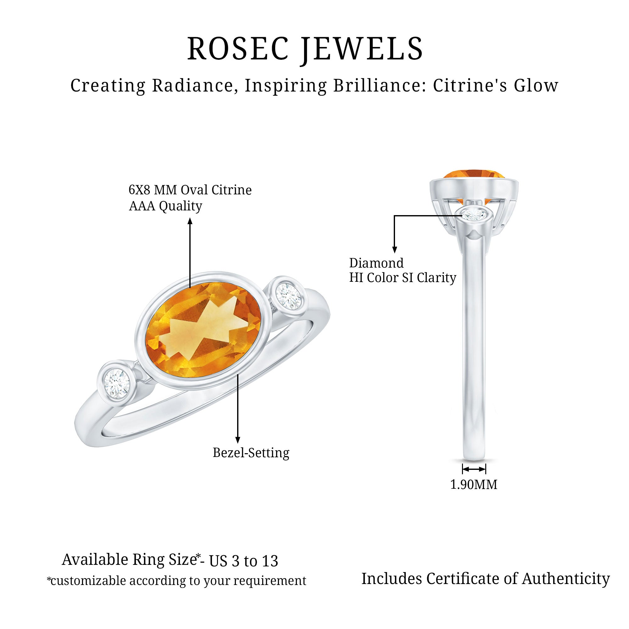 Rosec Jewels-Natural 6X8mm Citrine Diamond Oval Engagement Ring in Bezel Set
