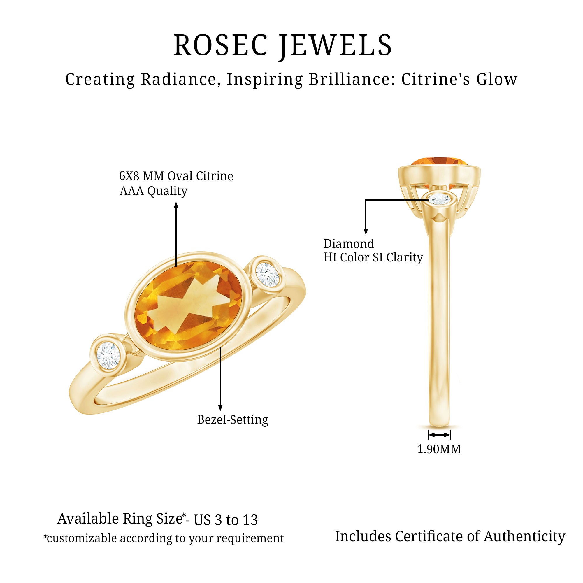 Rosec Jewels-Natural 6X8mm Citrine Diamond Oval Engagement Ring in Bezel Set