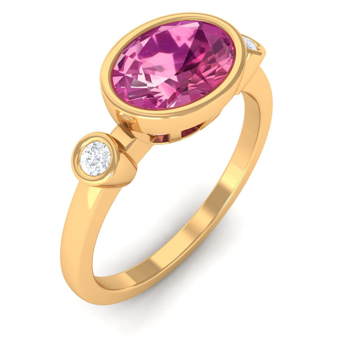 Pink Tourmaline Solitaire East West Ring with Diamond AAA - Rosec Jewels