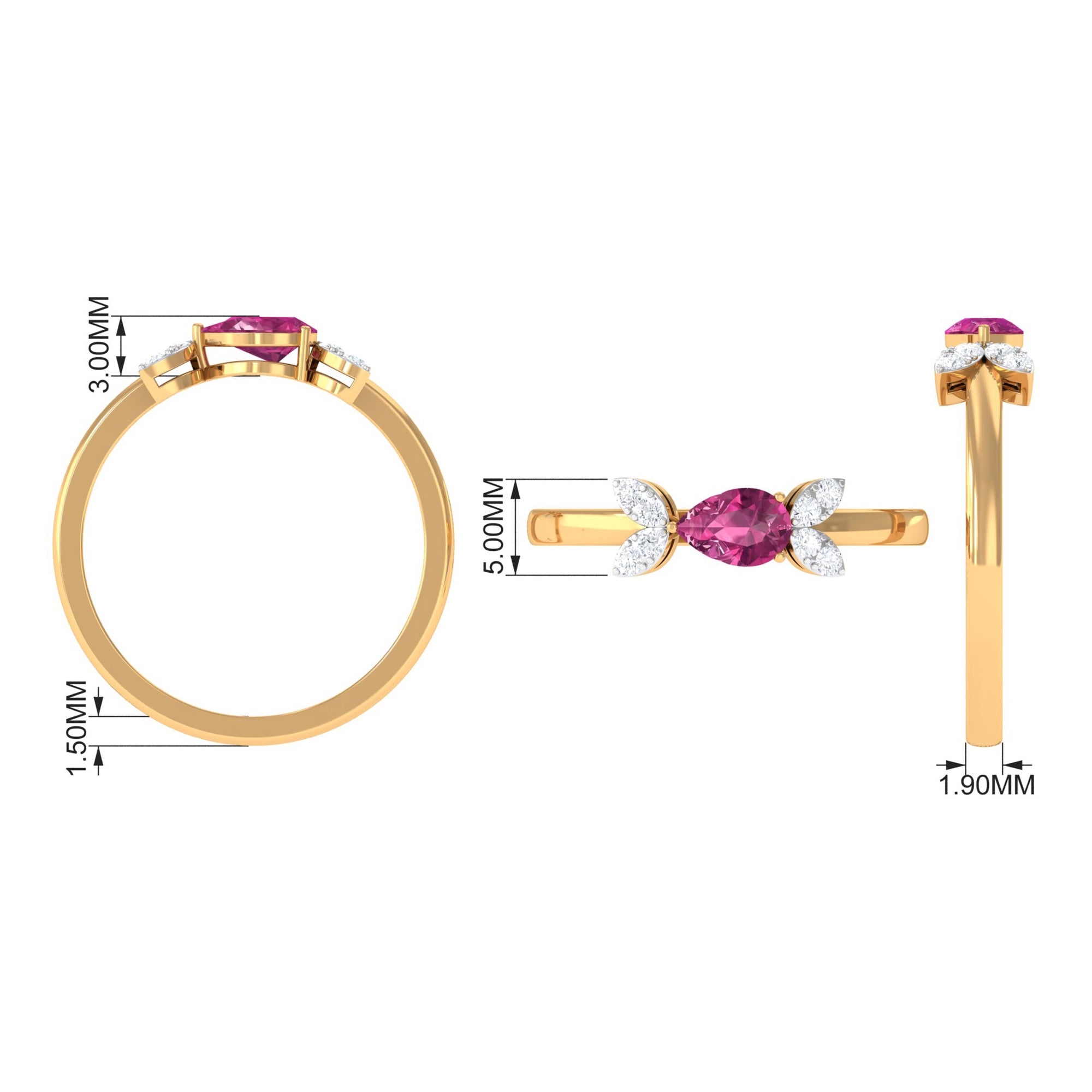 Minimal Pink Tourmaline Leaf Promise Ring with Diamond AAA - Rosec Jewels