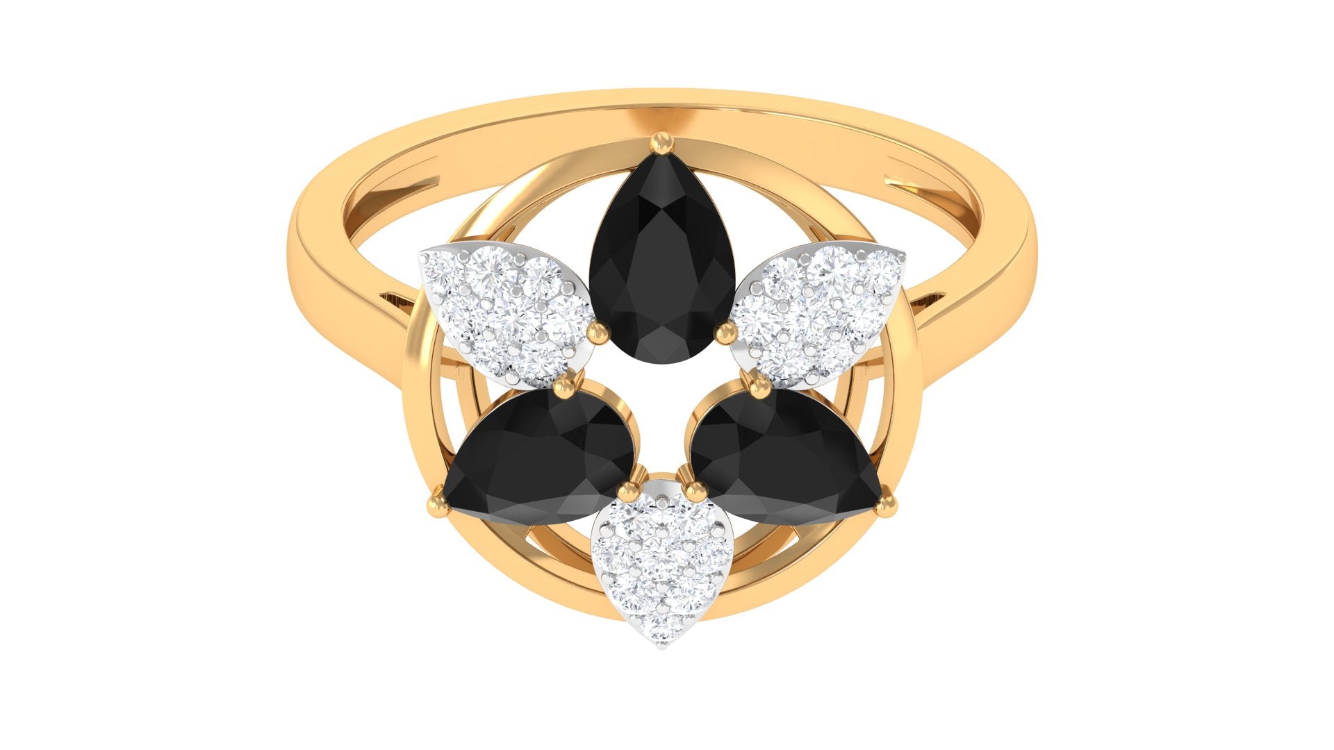 1.25 CT Black Spinel and Diamond Flower Cocktail Ring AAA - Rosec Jewels