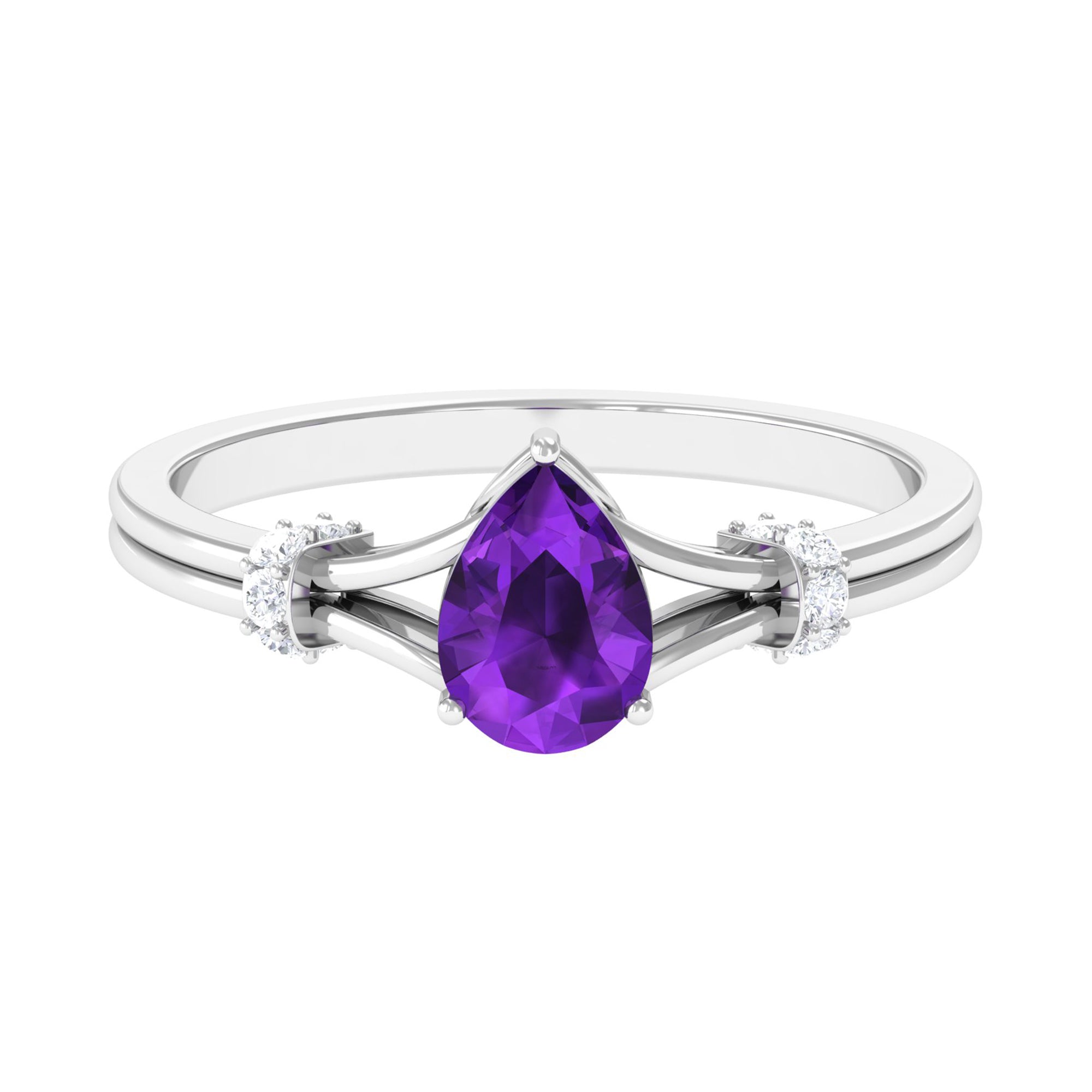 Rosec Jewels-Pear Cut Amethyst Solitaire Ring with Diamond in Split Shank
