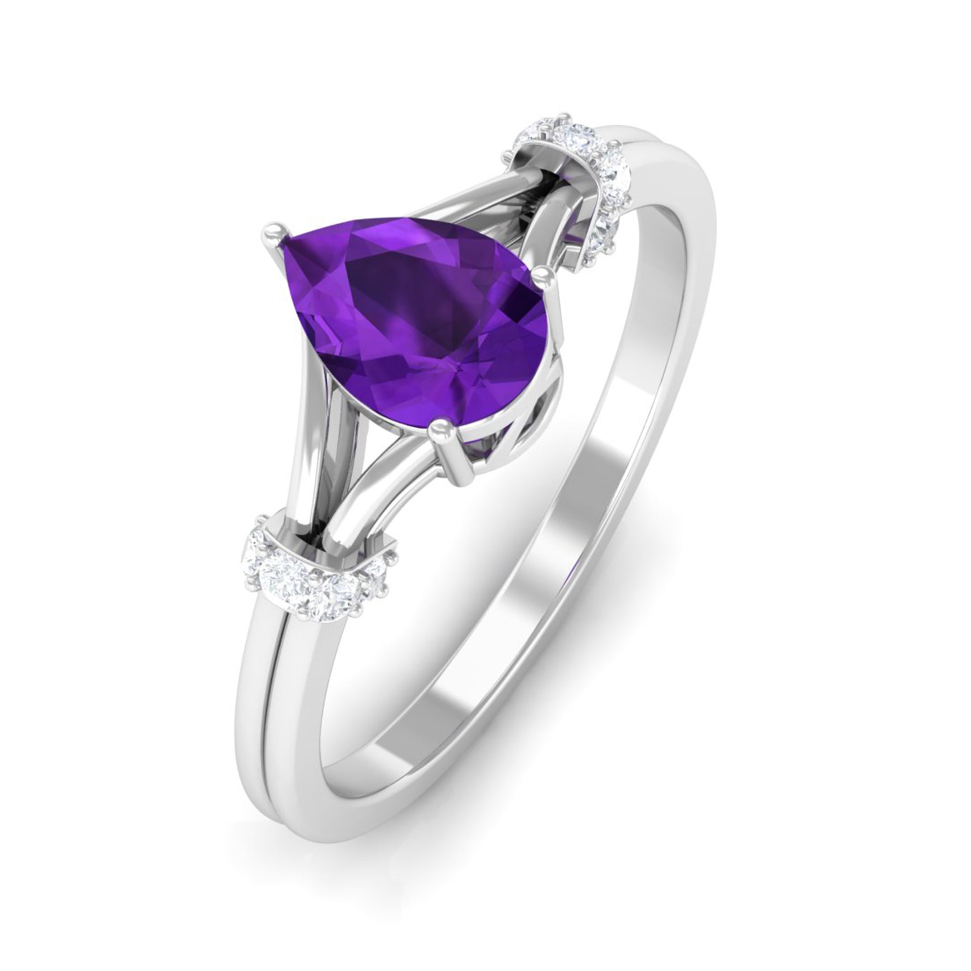 Rosec Jewels-Pear Cut Amethyst Solitaire Ring with Diamond in Split Shank