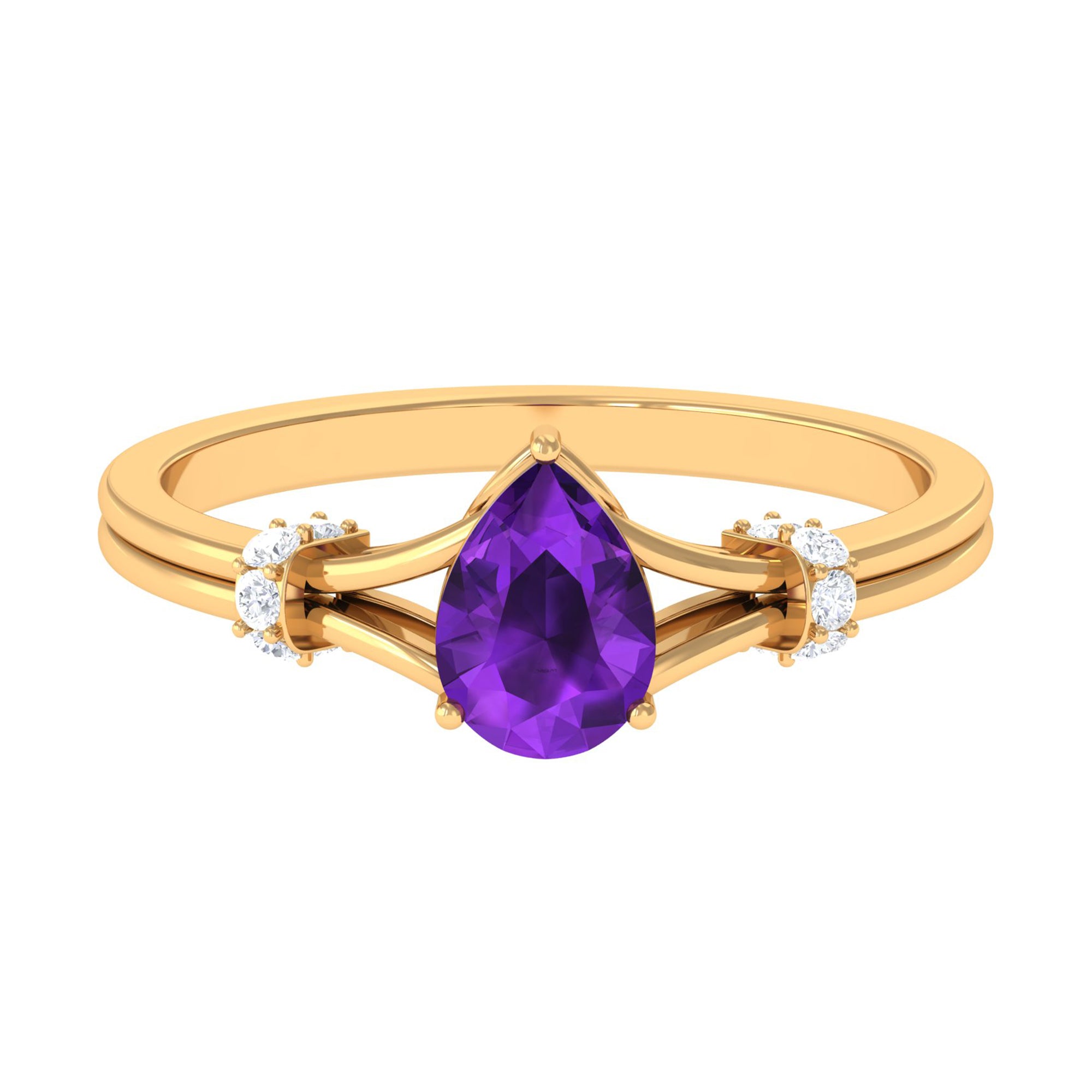 Pear Cut Amethyst Solitaire Ring with Diamond in Split Shank AAA - Rosec Jewels
