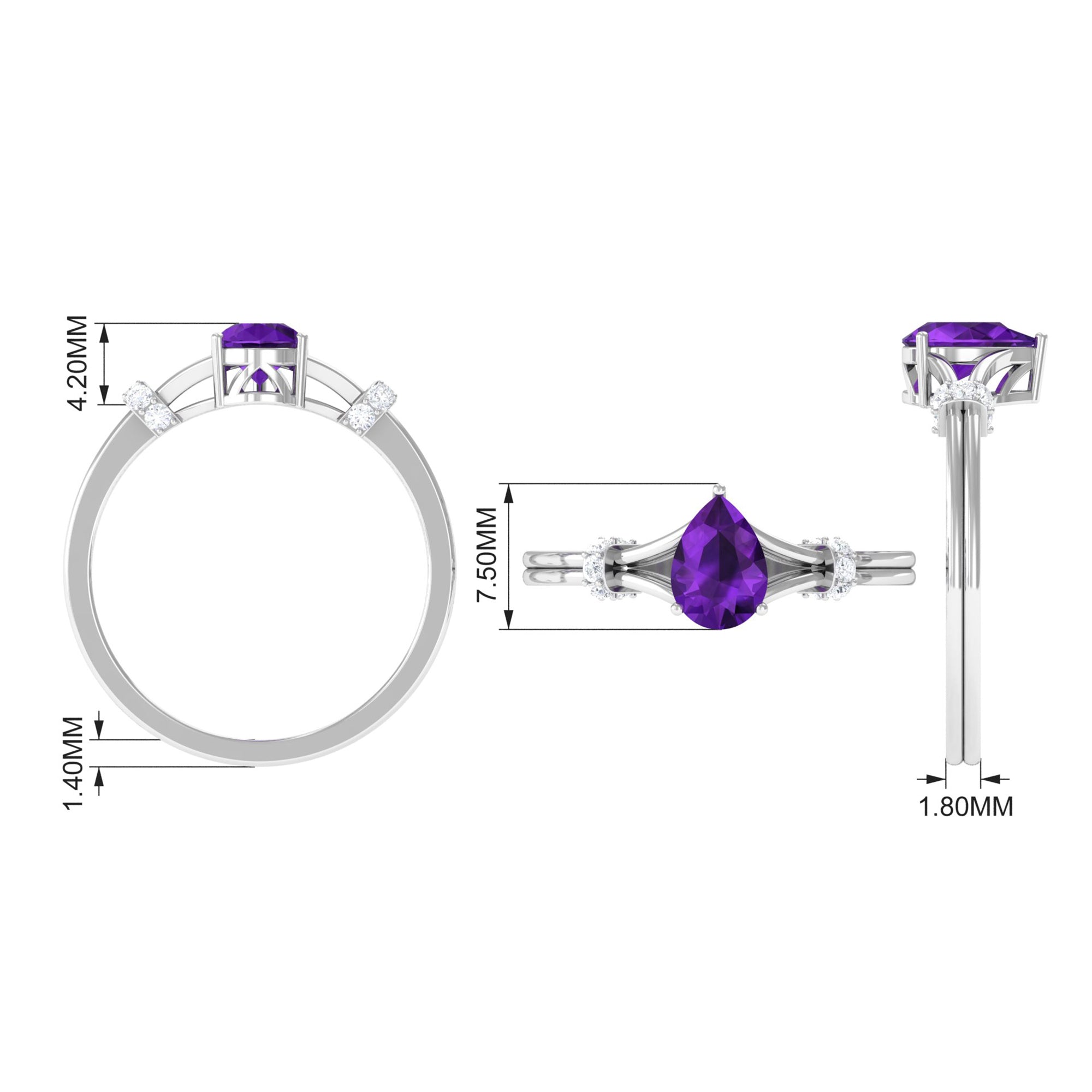 Rosec Jewels-Pear Cut Amethyst Solitaire Ring with Diamond in Split Shank