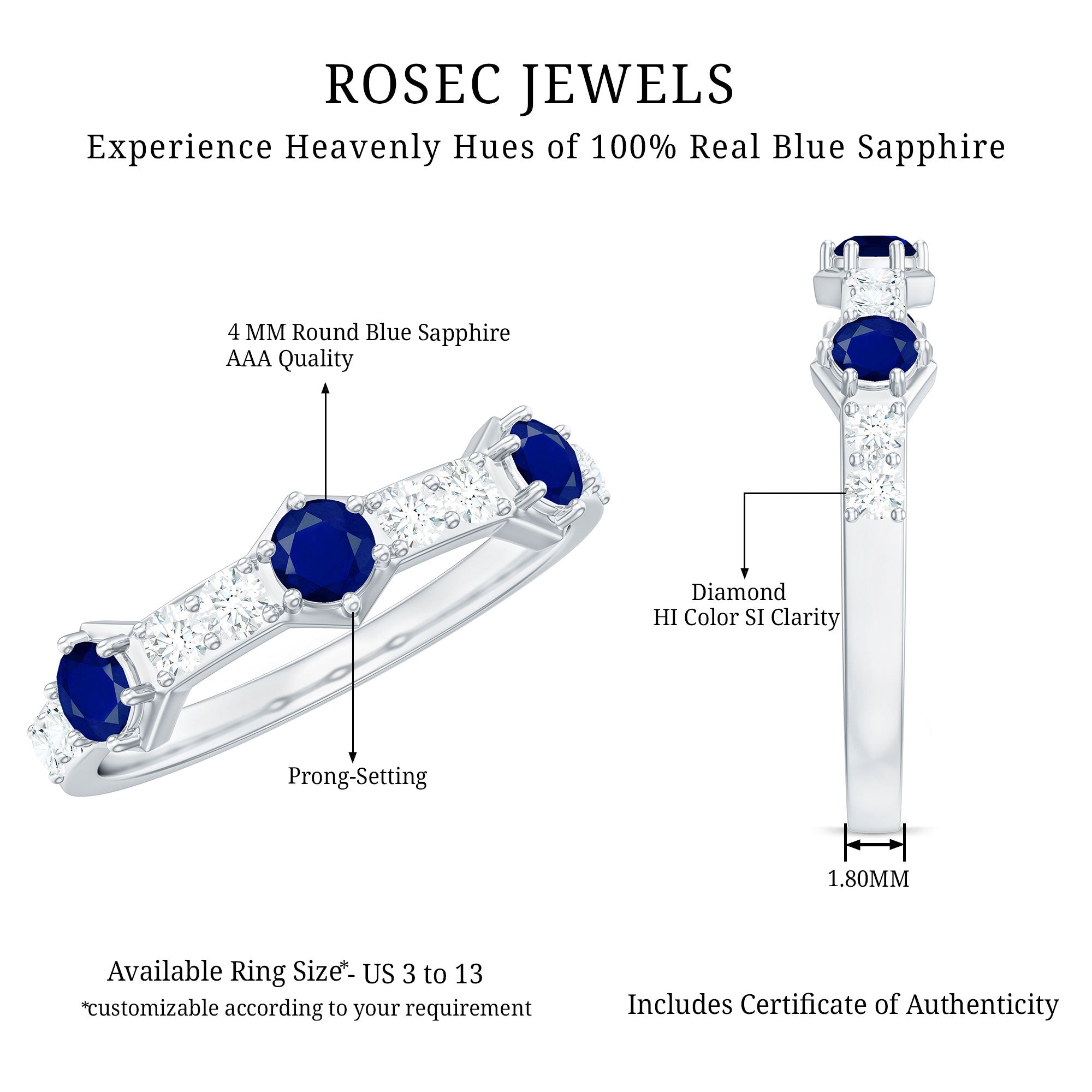 Rosec Jewels-Real Blue Sapphire Half Eternity Ring with Diamond