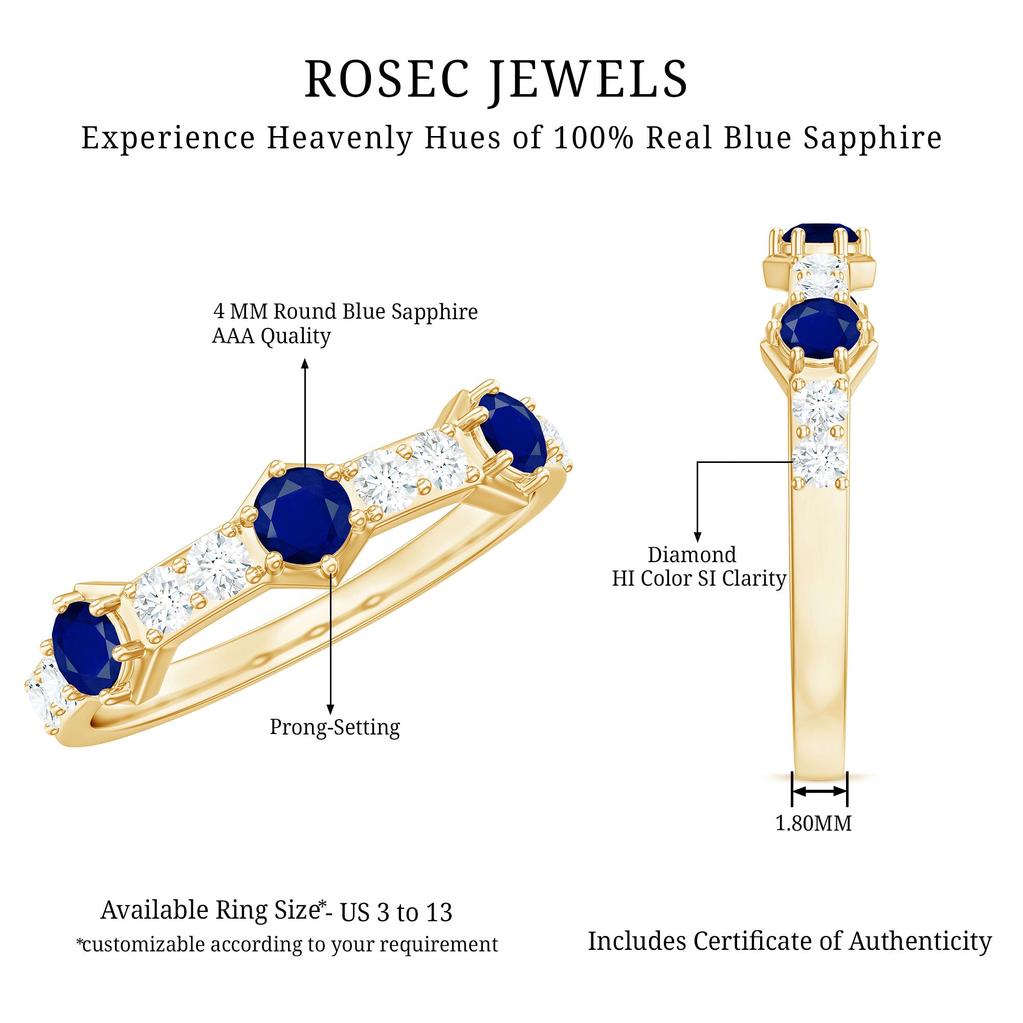 Rosec Jewels-Real Blue Sapphire Half Eternity Ring with Diamond