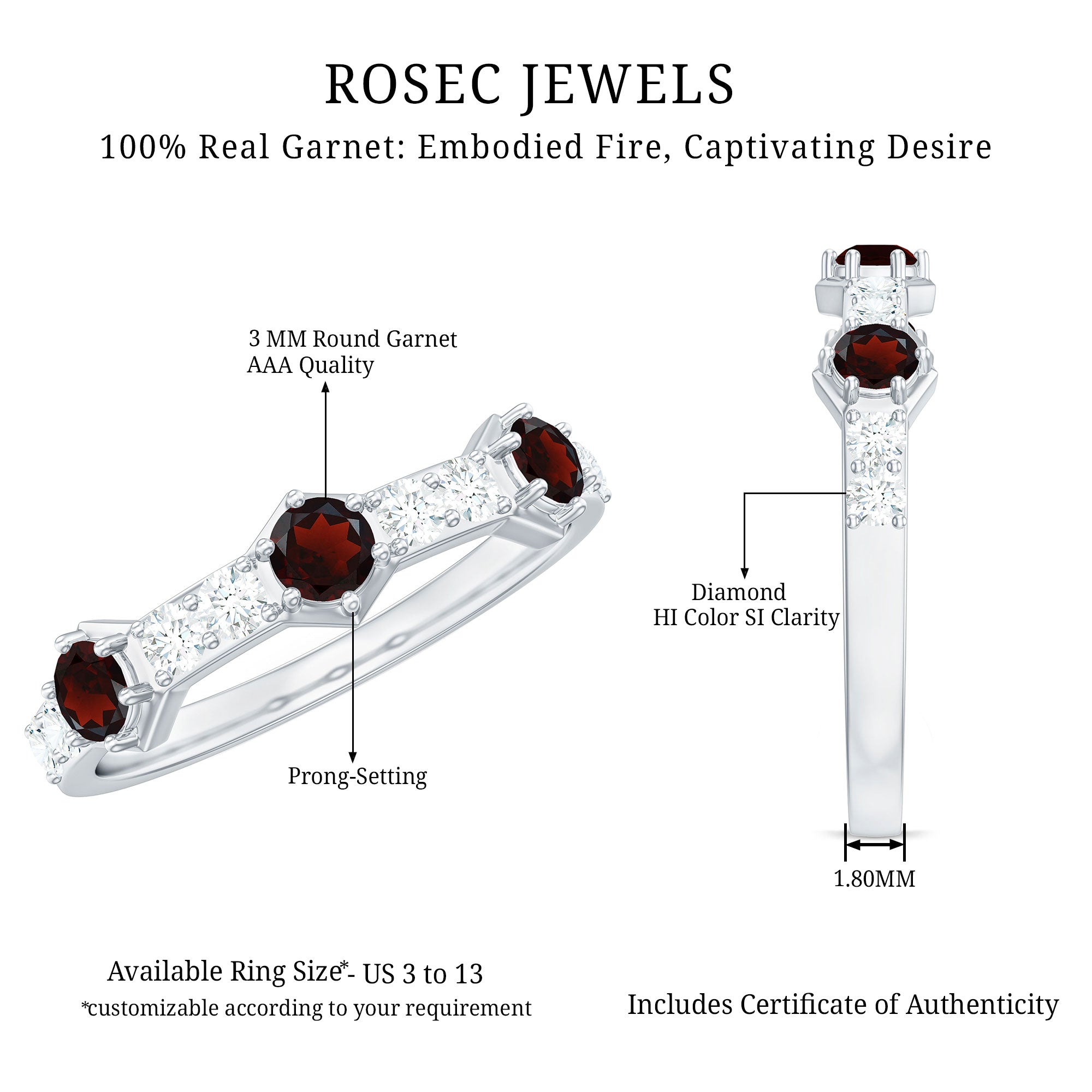Rosec Jewels-Real Red Garnet Diamond Half Eternity Ring for Anniversary