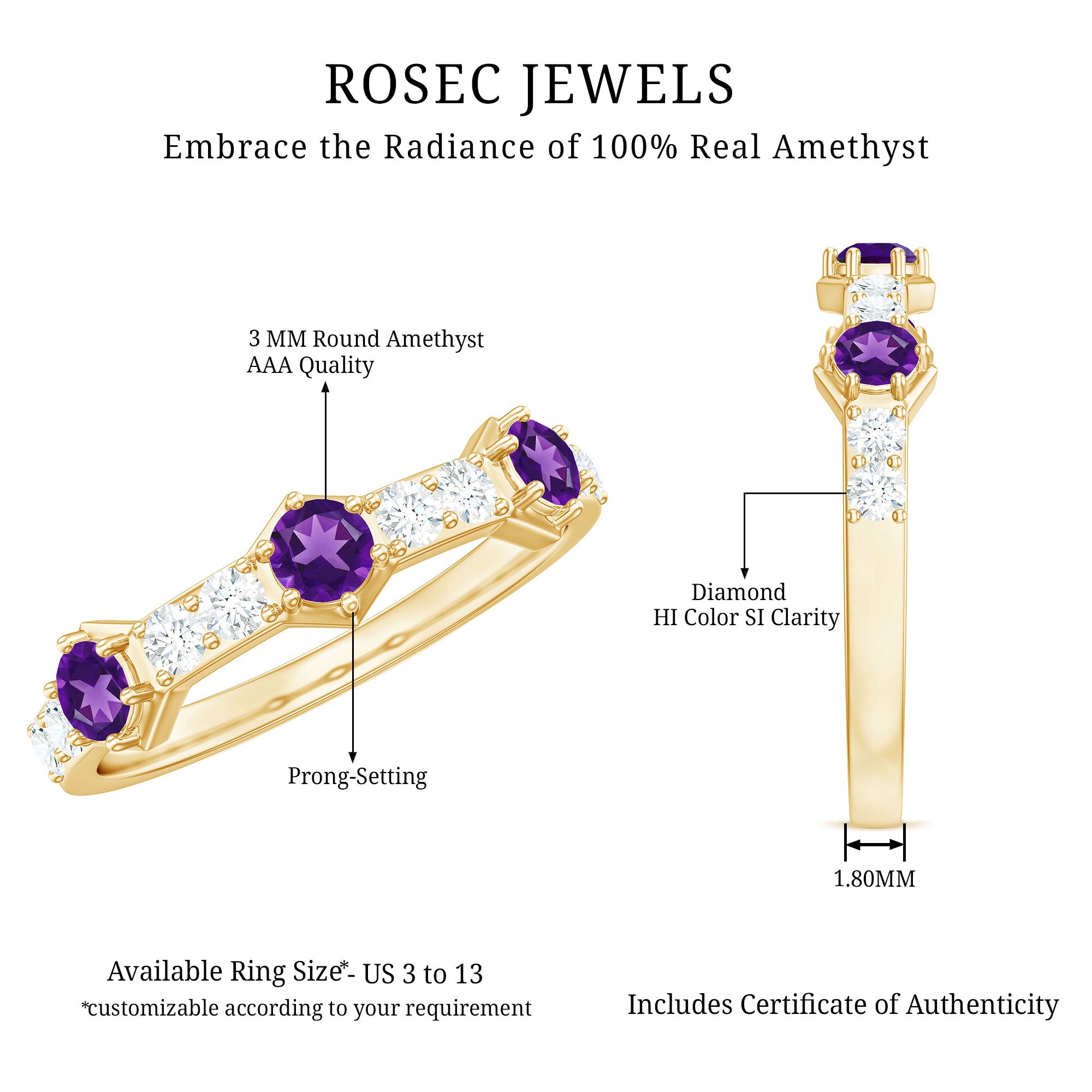 Rosec Jewels-Natural Amethyst Half Eternity Ring with Diamond