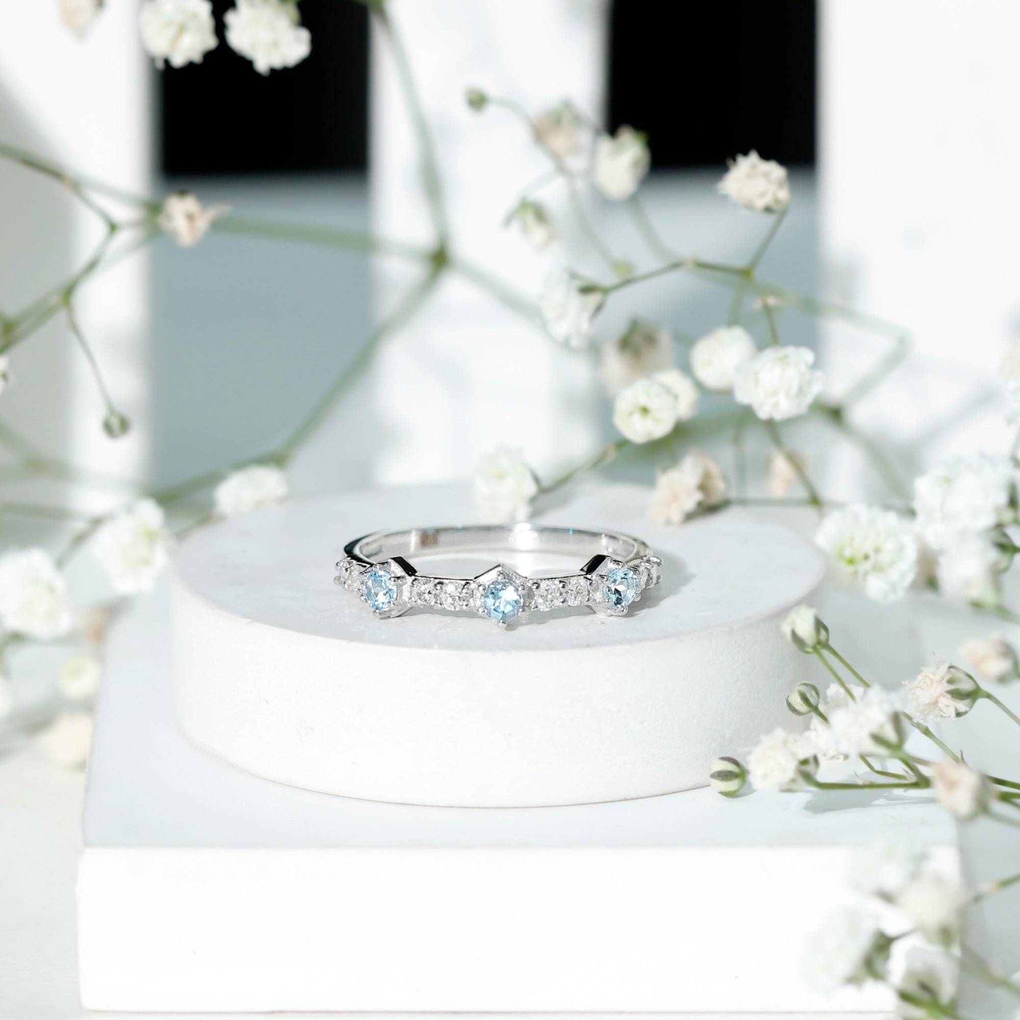 Rosec Jewels-Real Aquamarine and Diamond Half Eternity Ring