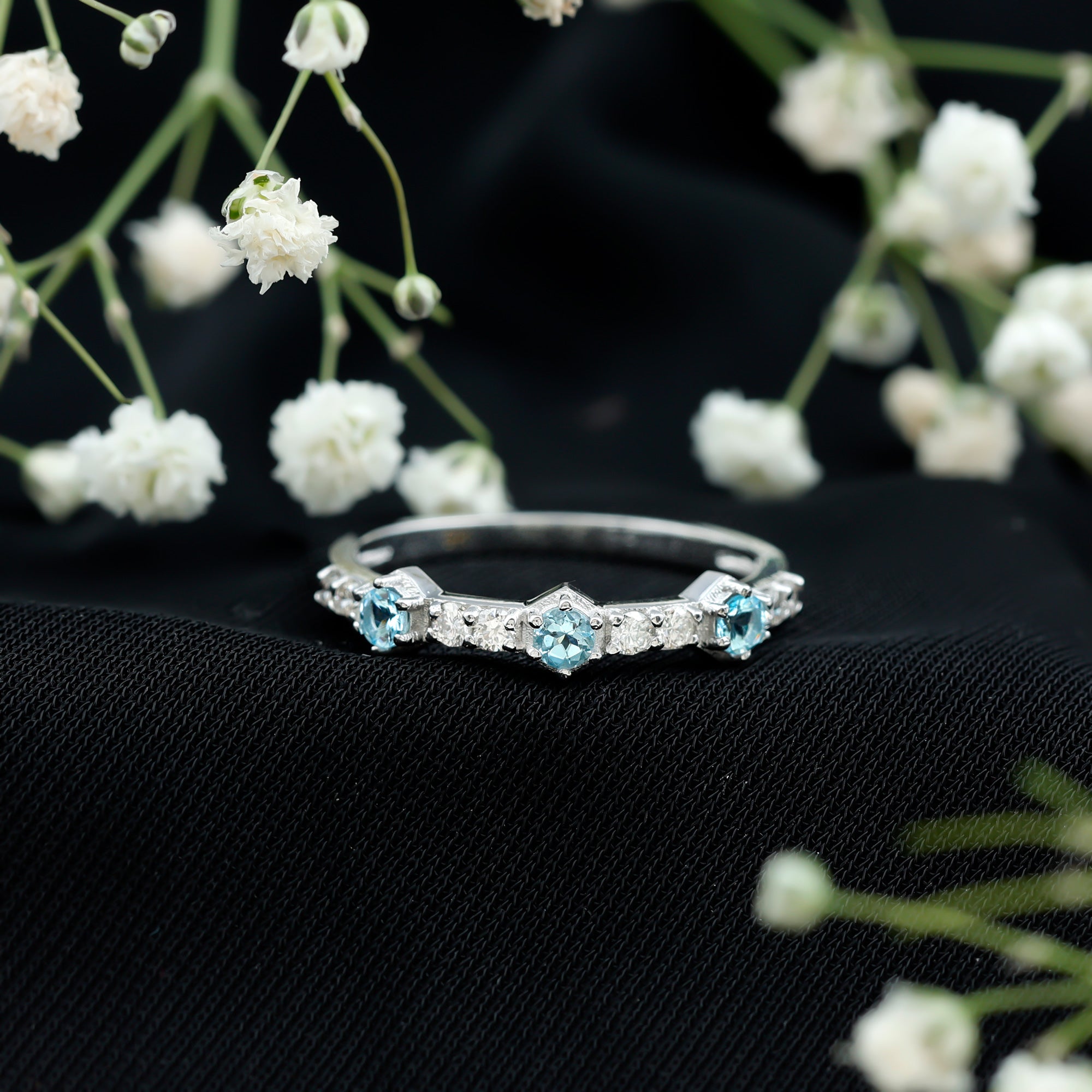 Rosec Jewels-Real Aquamarine and Diamond Half Eternity Ring