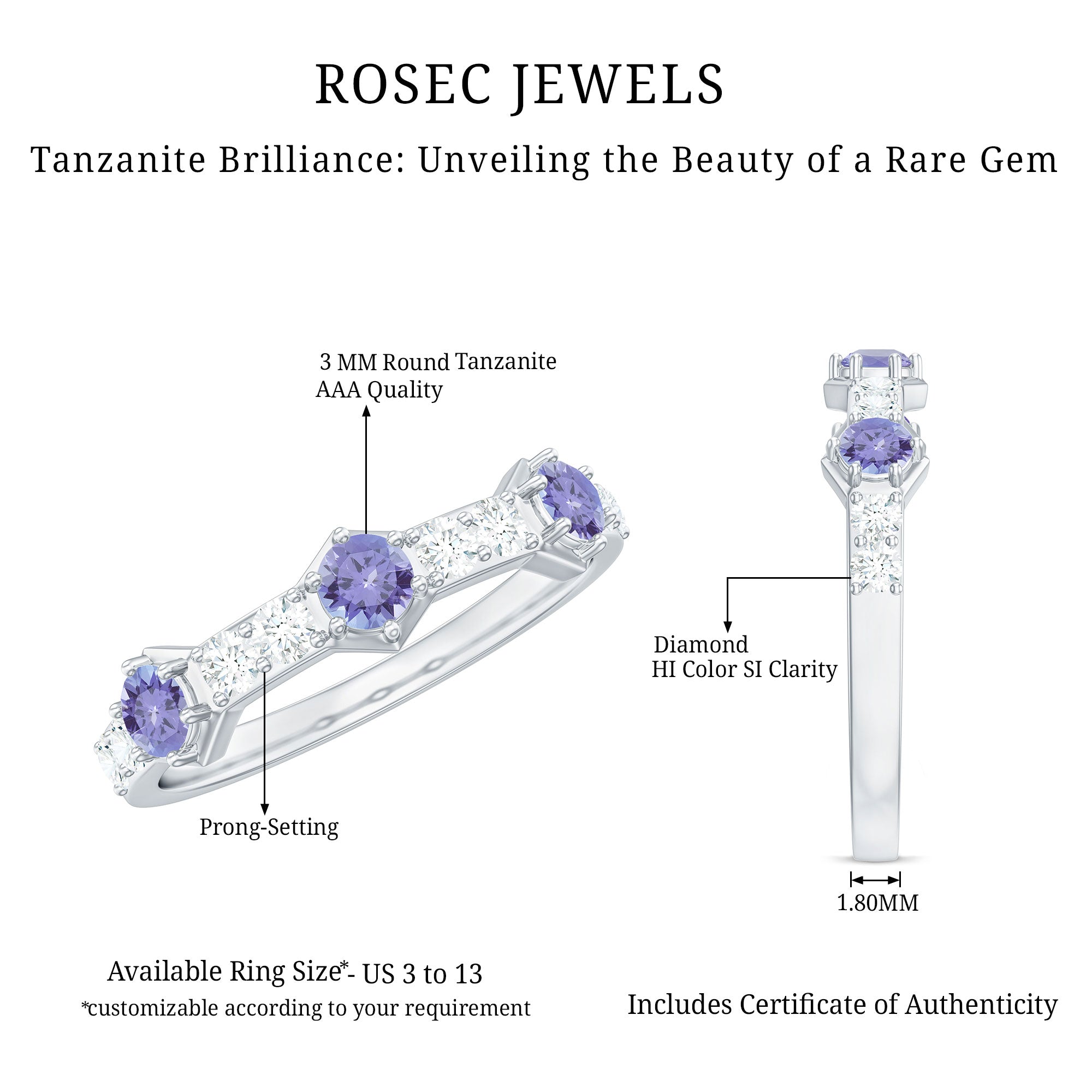 Rosec Jewels-Natural Tanzanite and Diamond Half Eternity Ring for Women