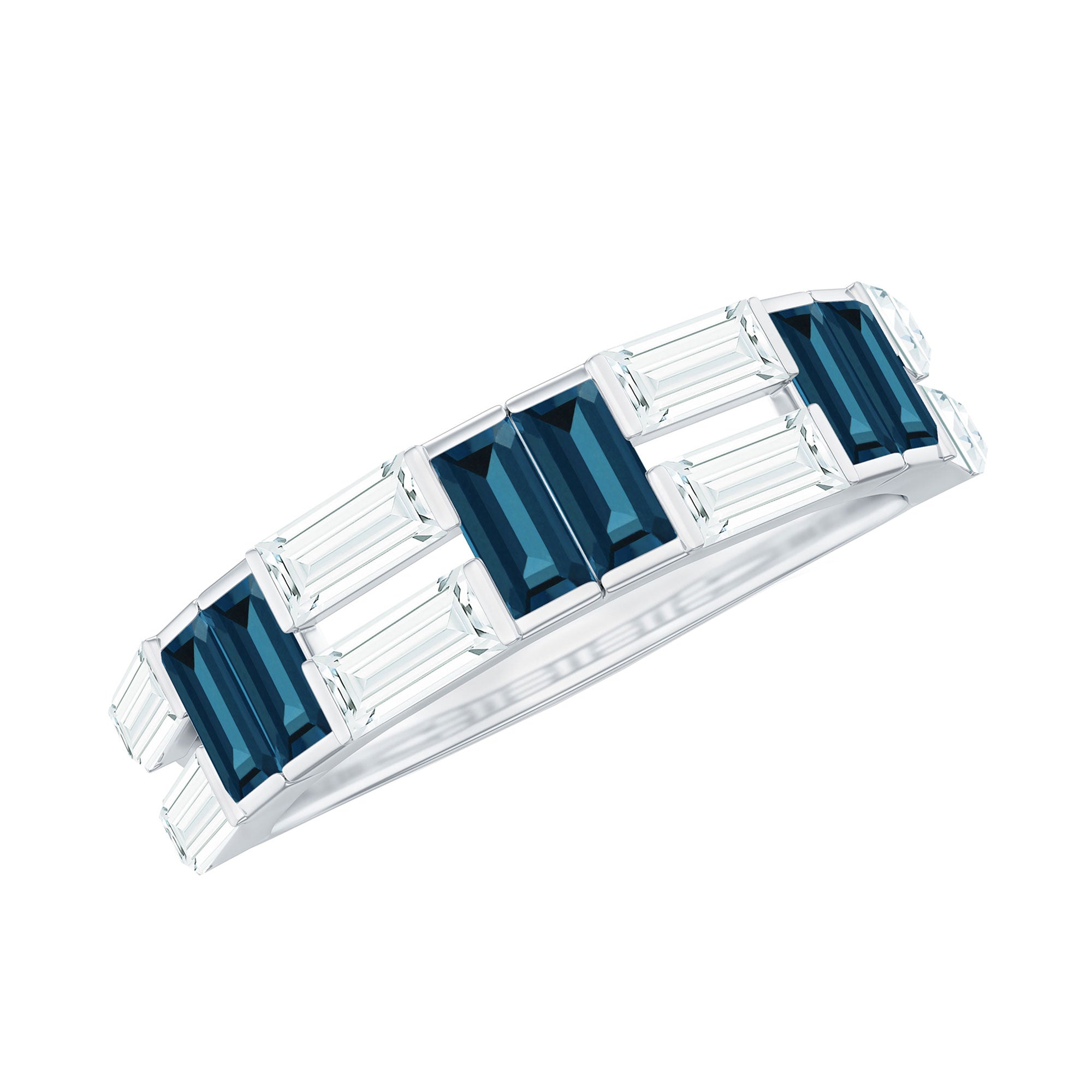 Rosec Jewels-Baguette London Blue Topaz Alternate Eternity Band with Moissanite