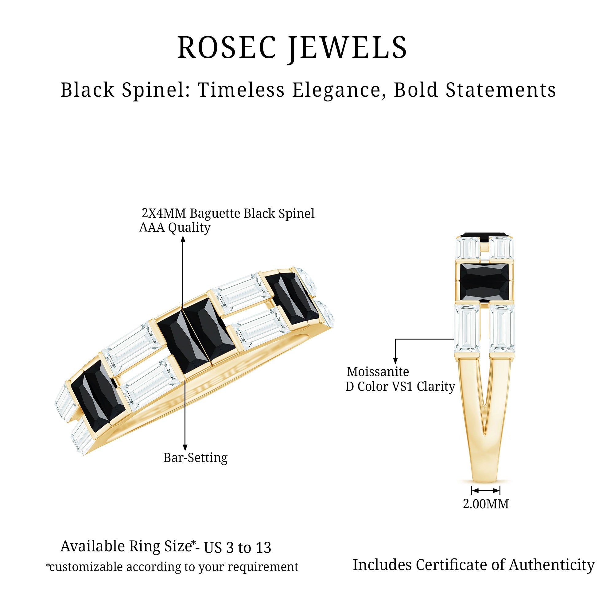 Natural Baguette Black Spinel Half Eternity Ring with Moissanite AAA - Rosec Jewels