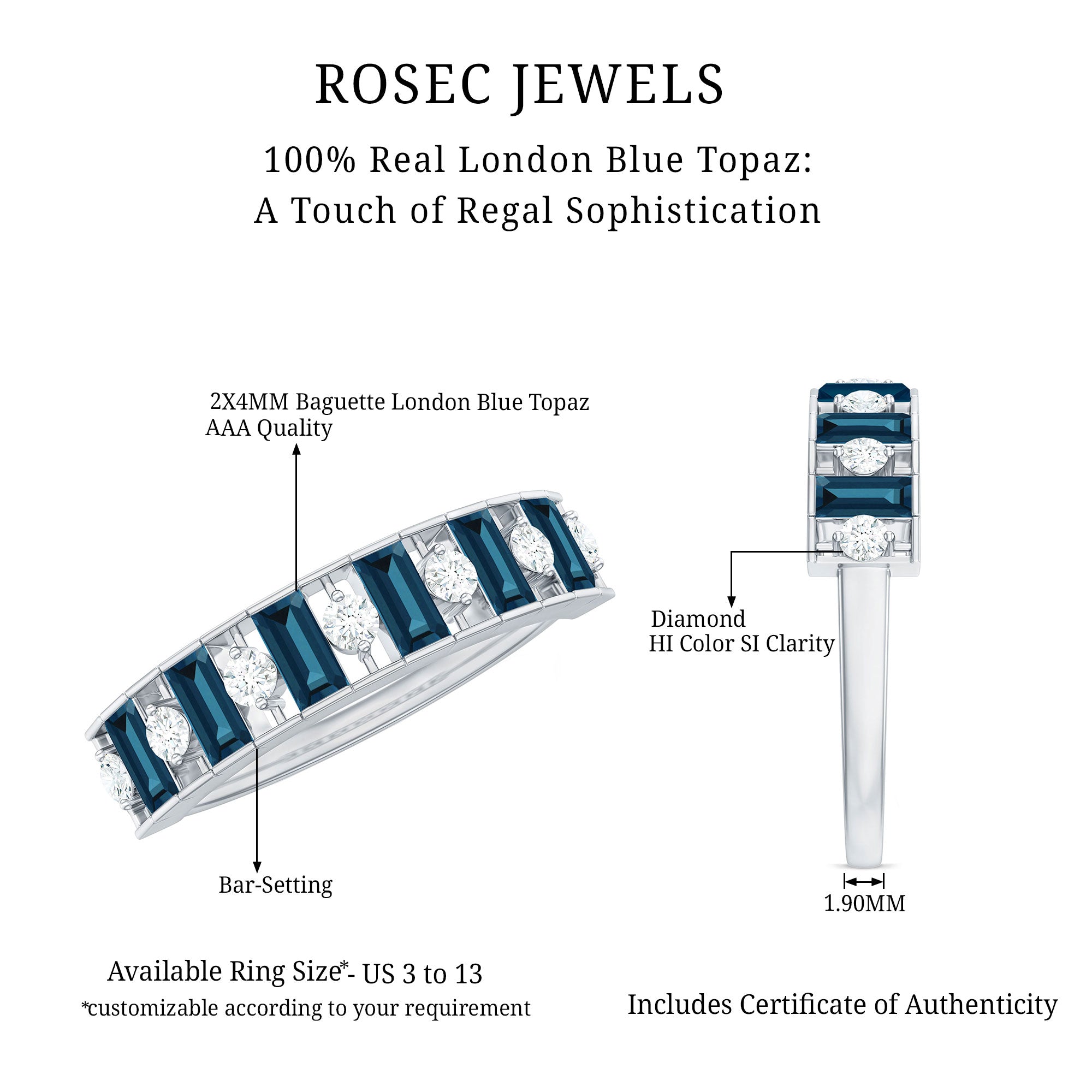 Baguette London Blue Topaz Eternity Anniversary Band with Diamond AAA - Rosec Jewels