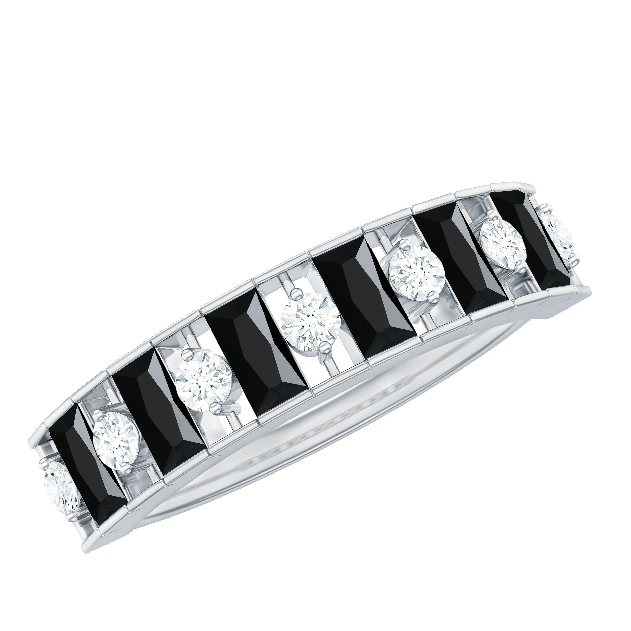 Rosec Jewels-Natural Baguette Black Spinel Half Eternity Ring with Diamond