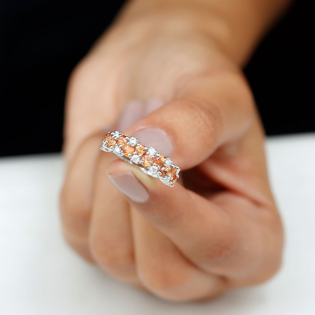 Orange Sapphire and Diamond Cluster Half Eternity Ring Orange Sapphire - ( AAA ) - Quality - Rosec Jewels