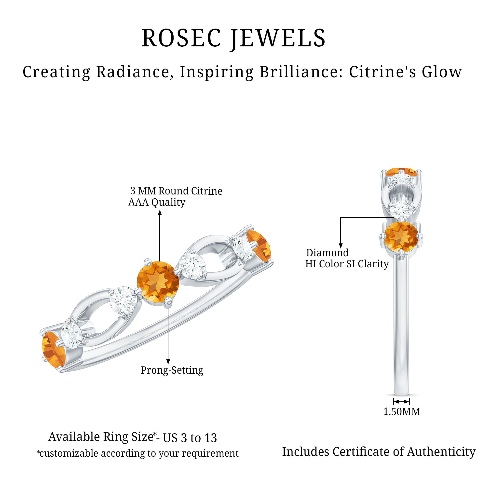 Rosec Jewels-Natural Citrine Half Eternity Ring with Diamond