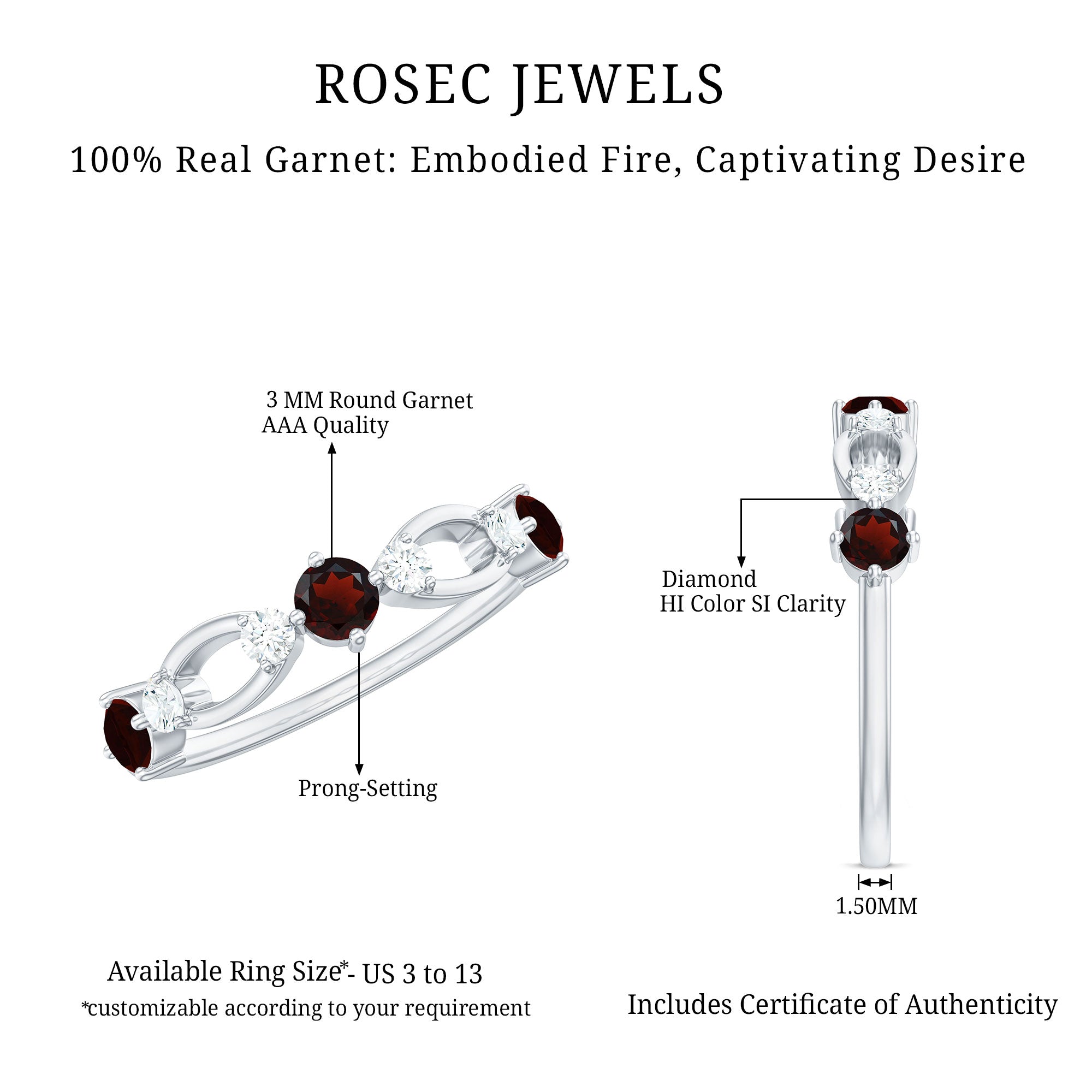 Rosec Jewels-Natural Red Garnet Diamond Half Eternity Ring for Anniversary