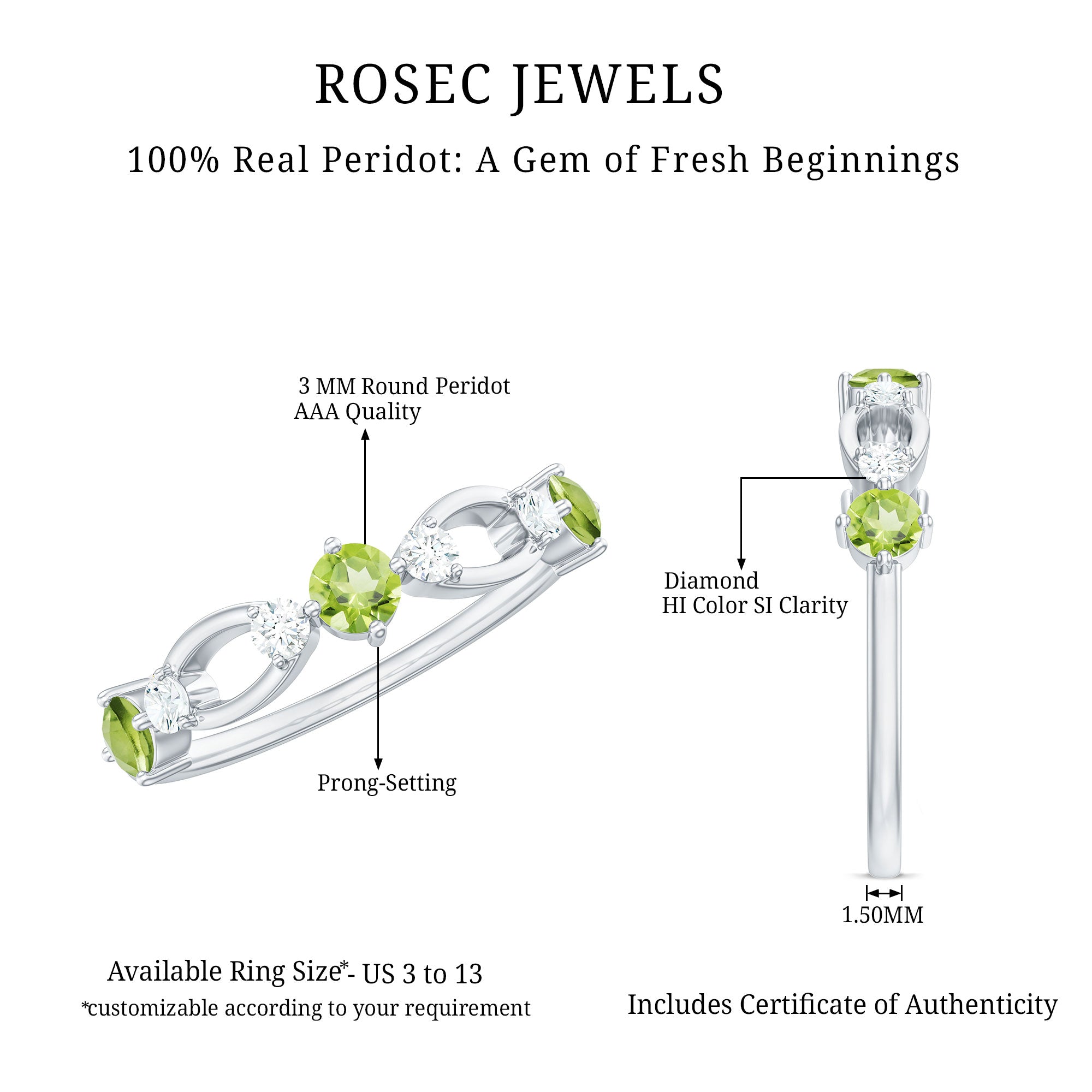 Rosec Jewels-Minimal Peridot Promise Ring with Diamond