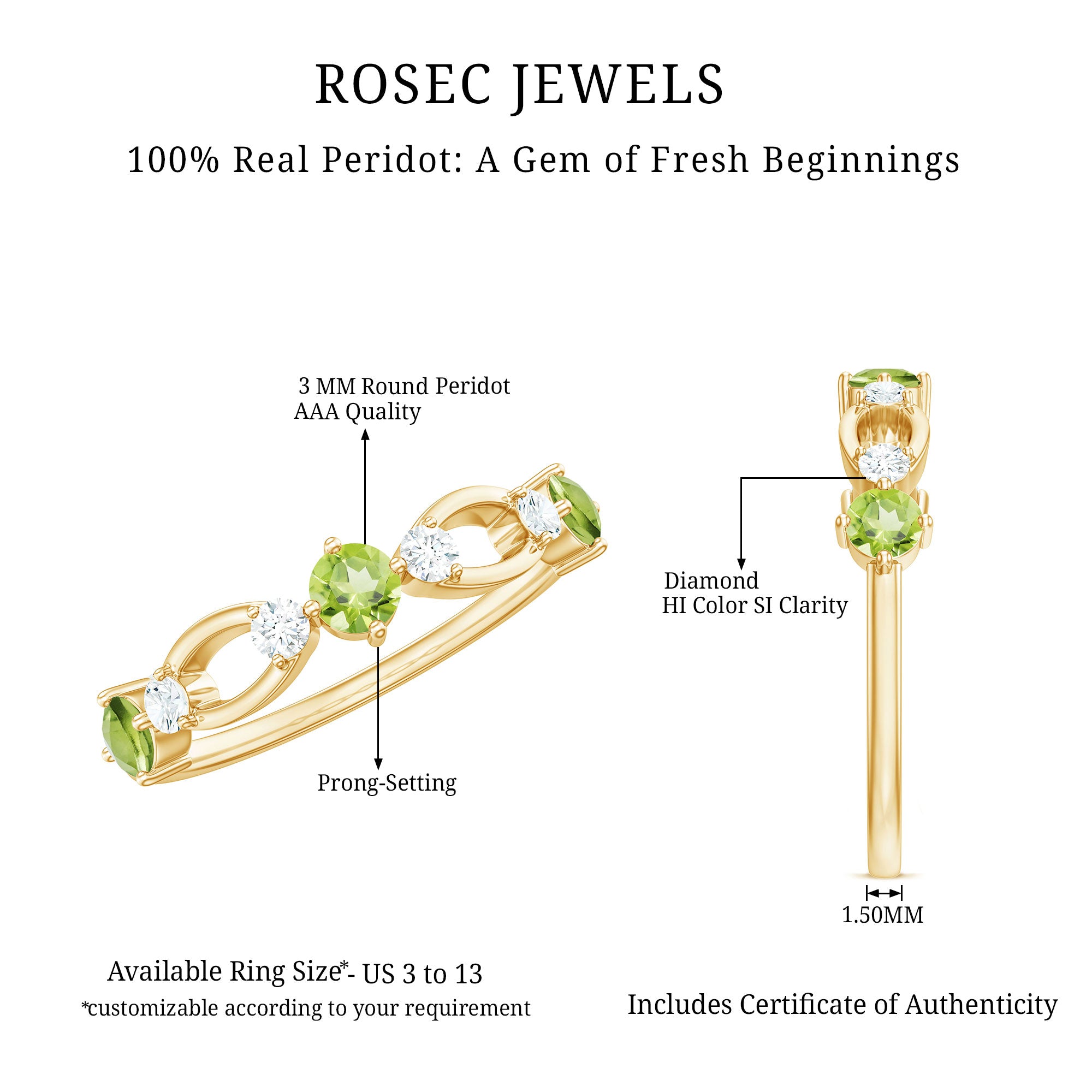 Rosec Jewels-Minimal Peridot Promise Ring with Diamond