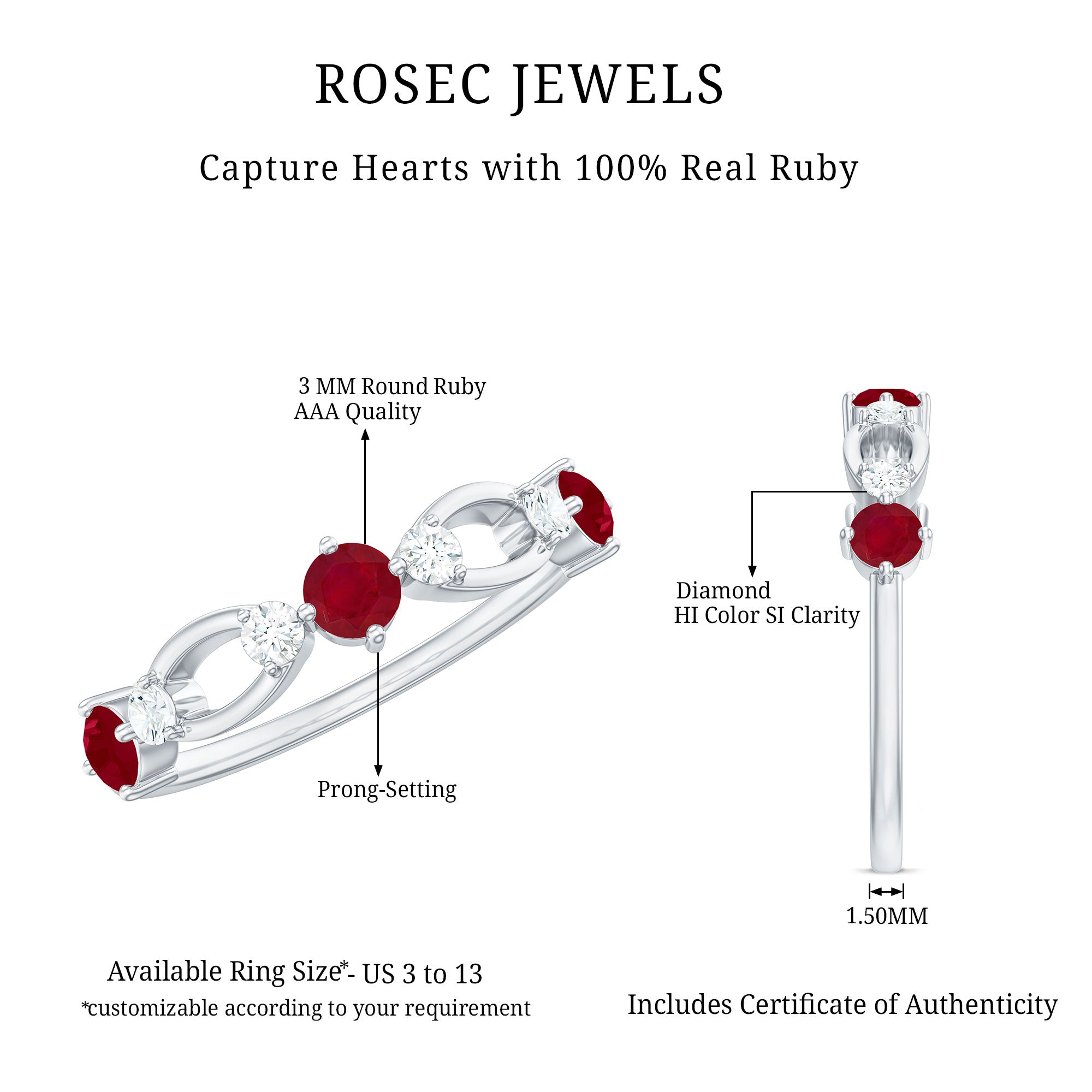 Rosec Jewels-Genuine Ruby Promise Ring with Diamond for Women