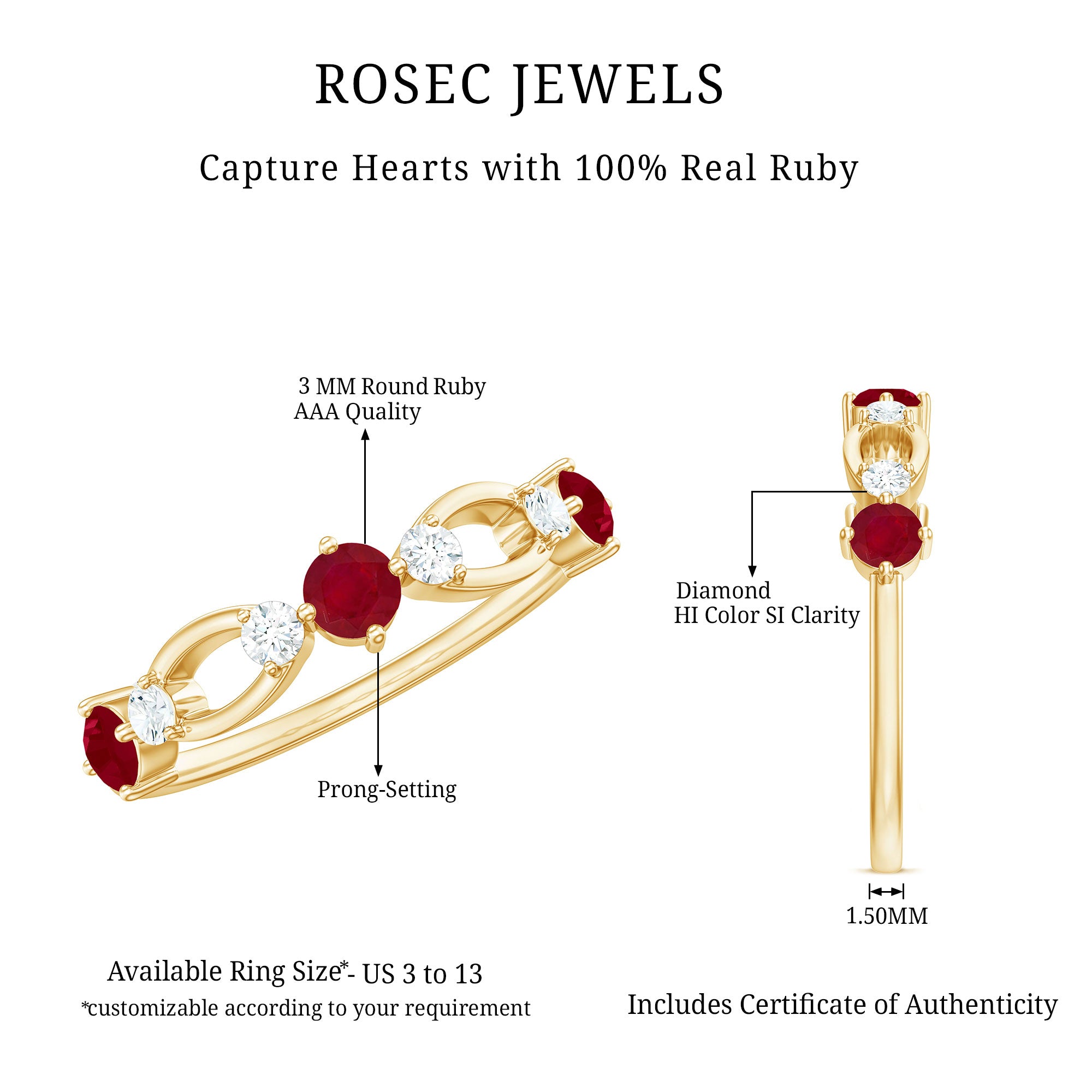 Rosec Jewels-Genuine Ruby Promise Ring with Diamond for Women