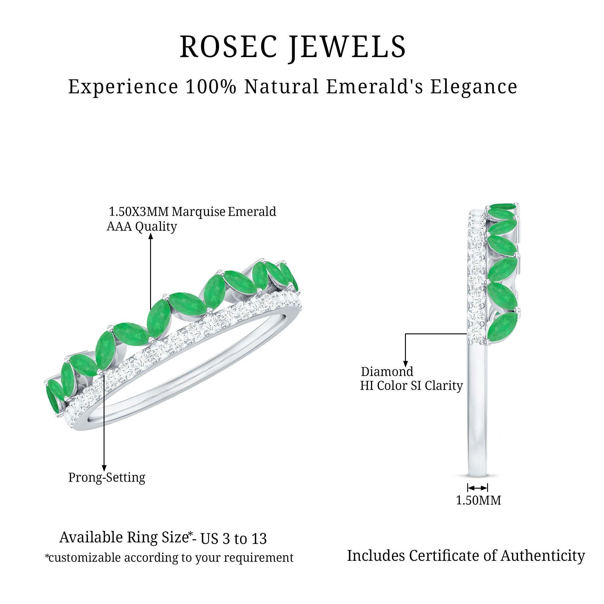 Rosec Jewels-Real Marquise Emerald Half Eternity Wedding Band with Diamond