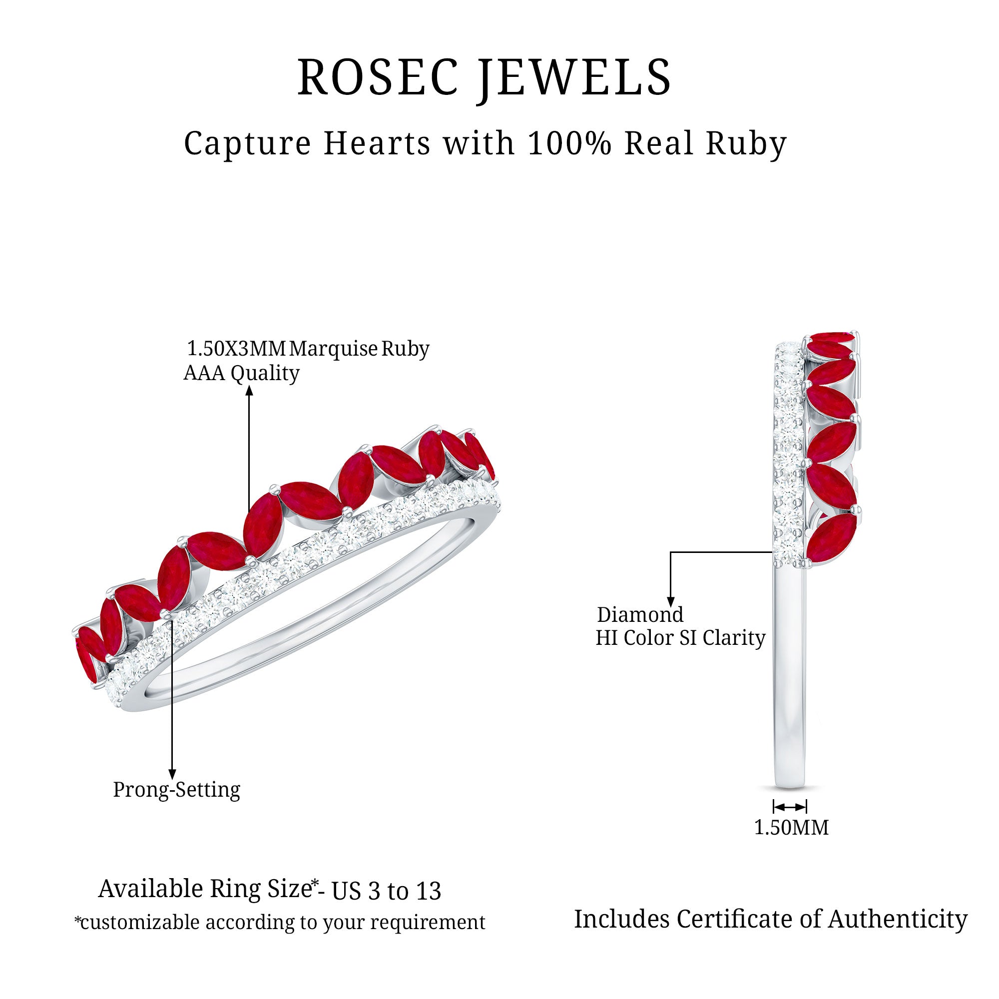 Rosec Jewels-Natural Marquise Ruby Half Eternity Anniversary Ring with Diamond