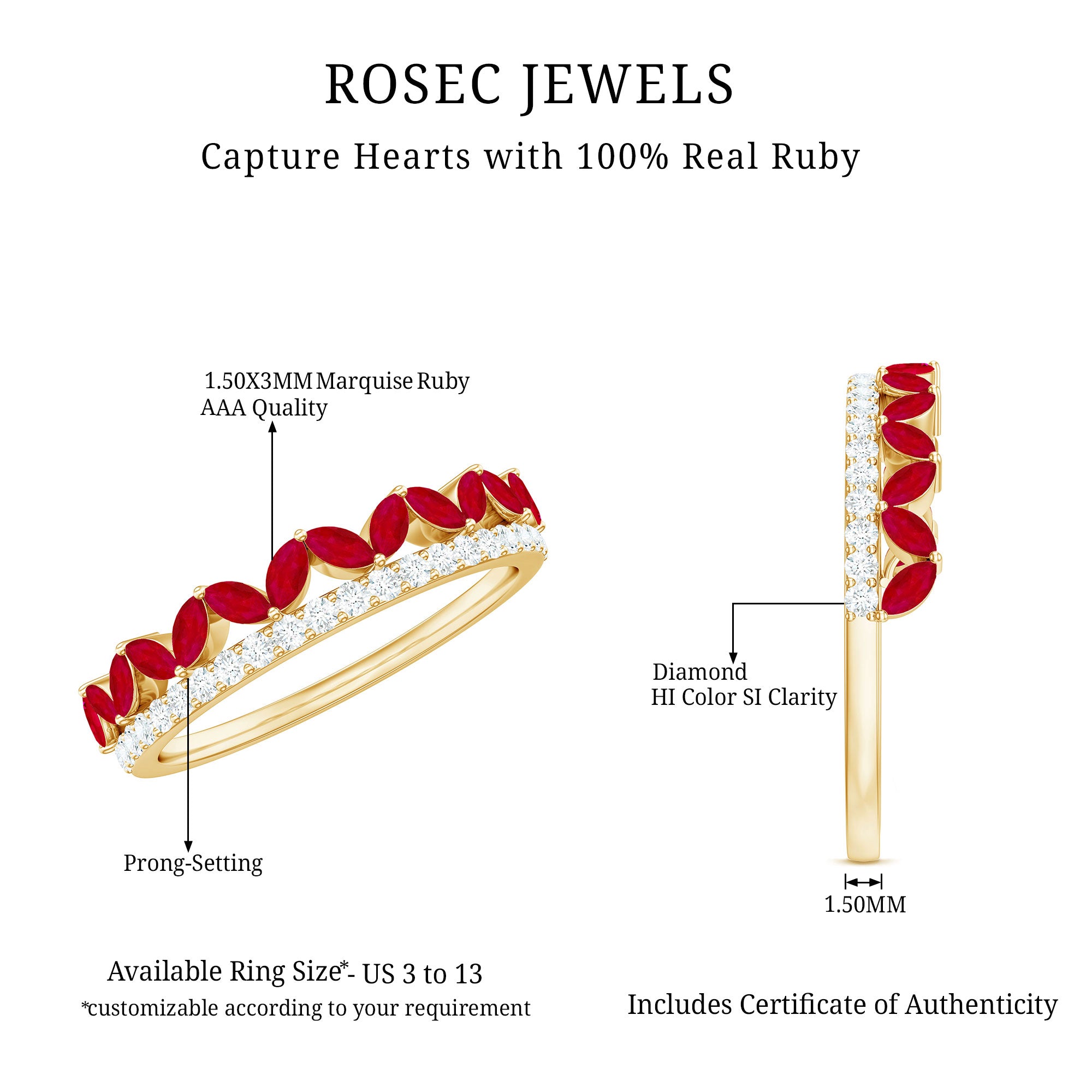 Rosec Jewels-Natural Marquise Ruby Half Eternity Anniversary Ring with Diamond
