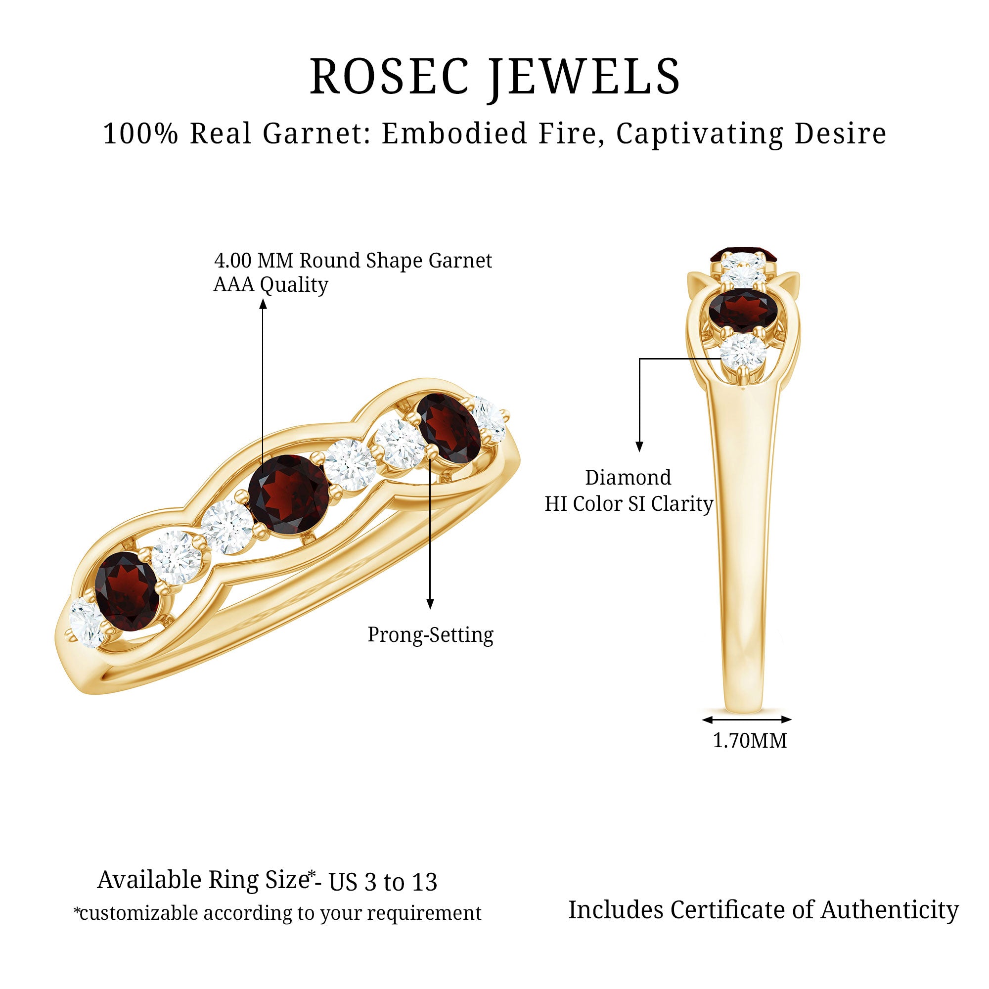 Rosec Jewels-Natural Garnet Half Eternity Ring with Diamond