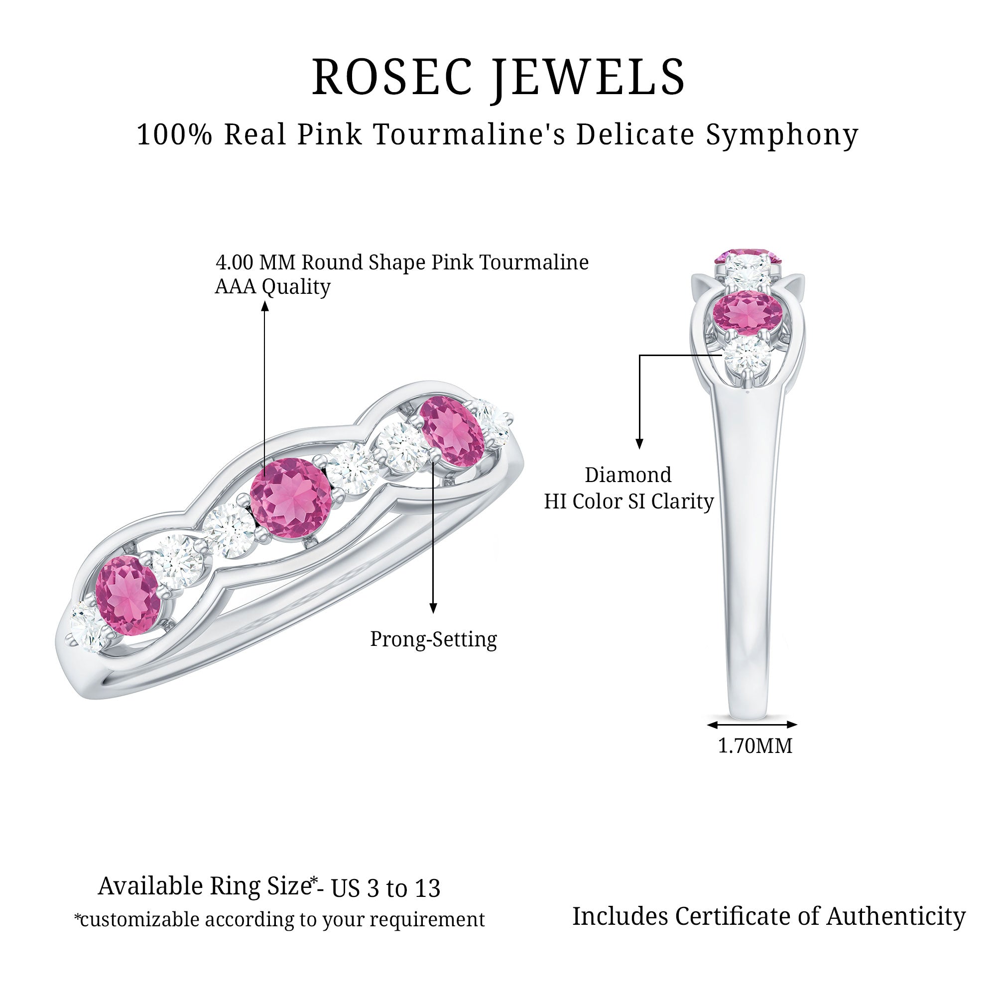 Pink Tourmaline and Diamond Wedding Anniversary Band Ring AAA - Rosec Jewels