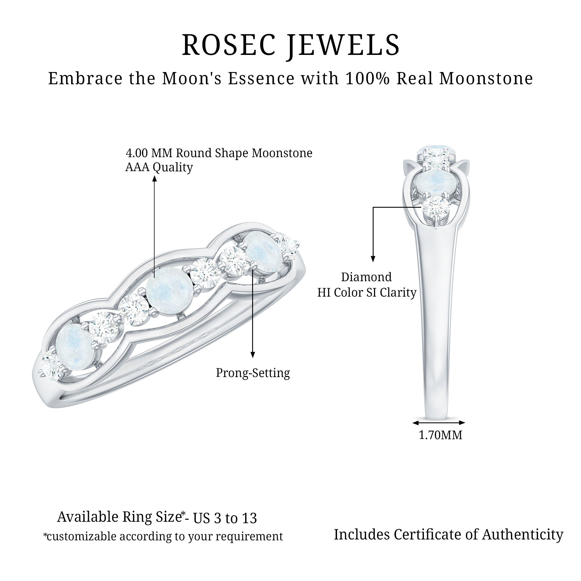 Moonstone and Diamond Wedding Anniversary Ring AAA - Rosec Jewels